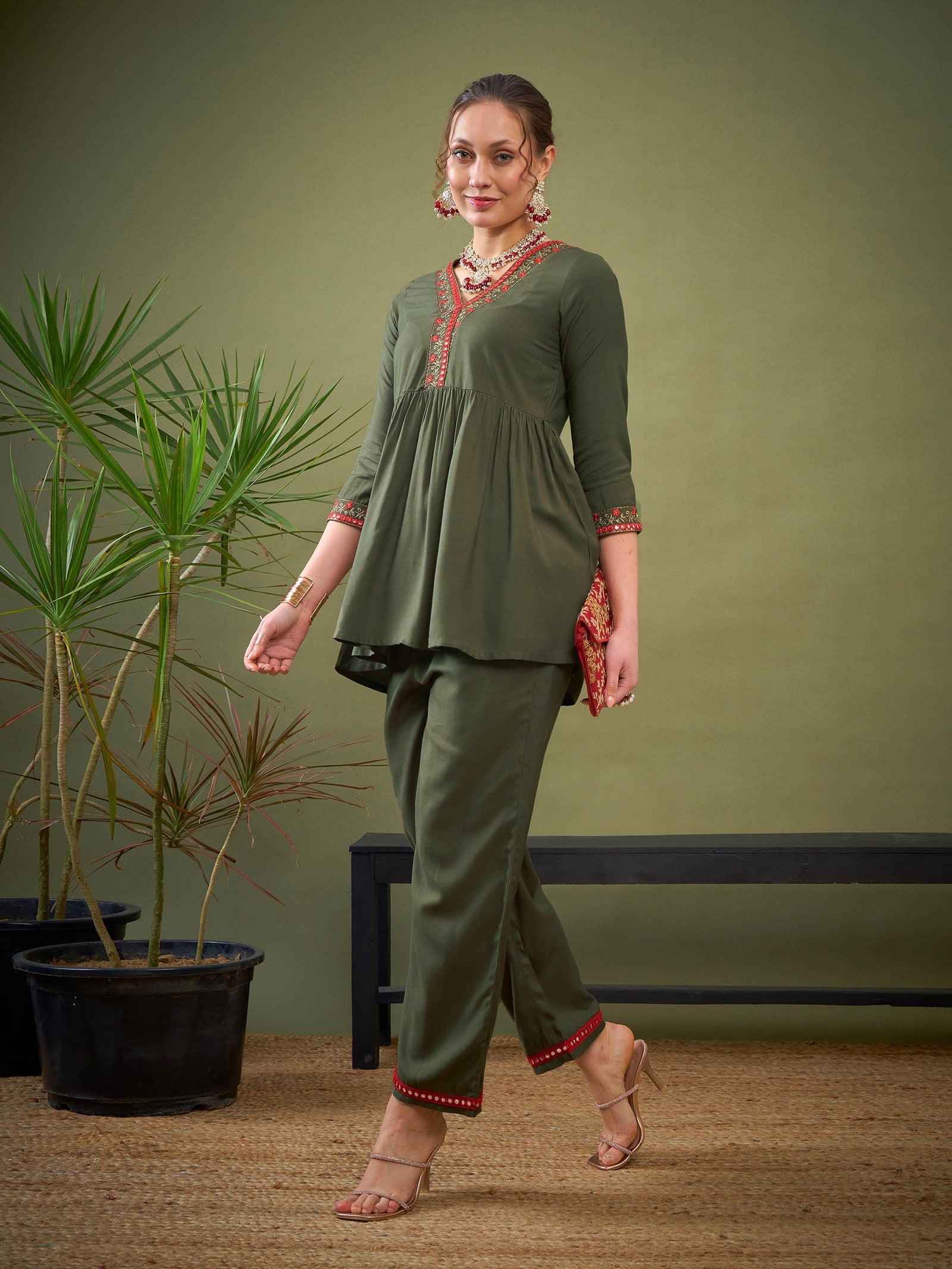 Olive Peplum Embroidered Top With Palazzos-Shae by SASSAFRAS