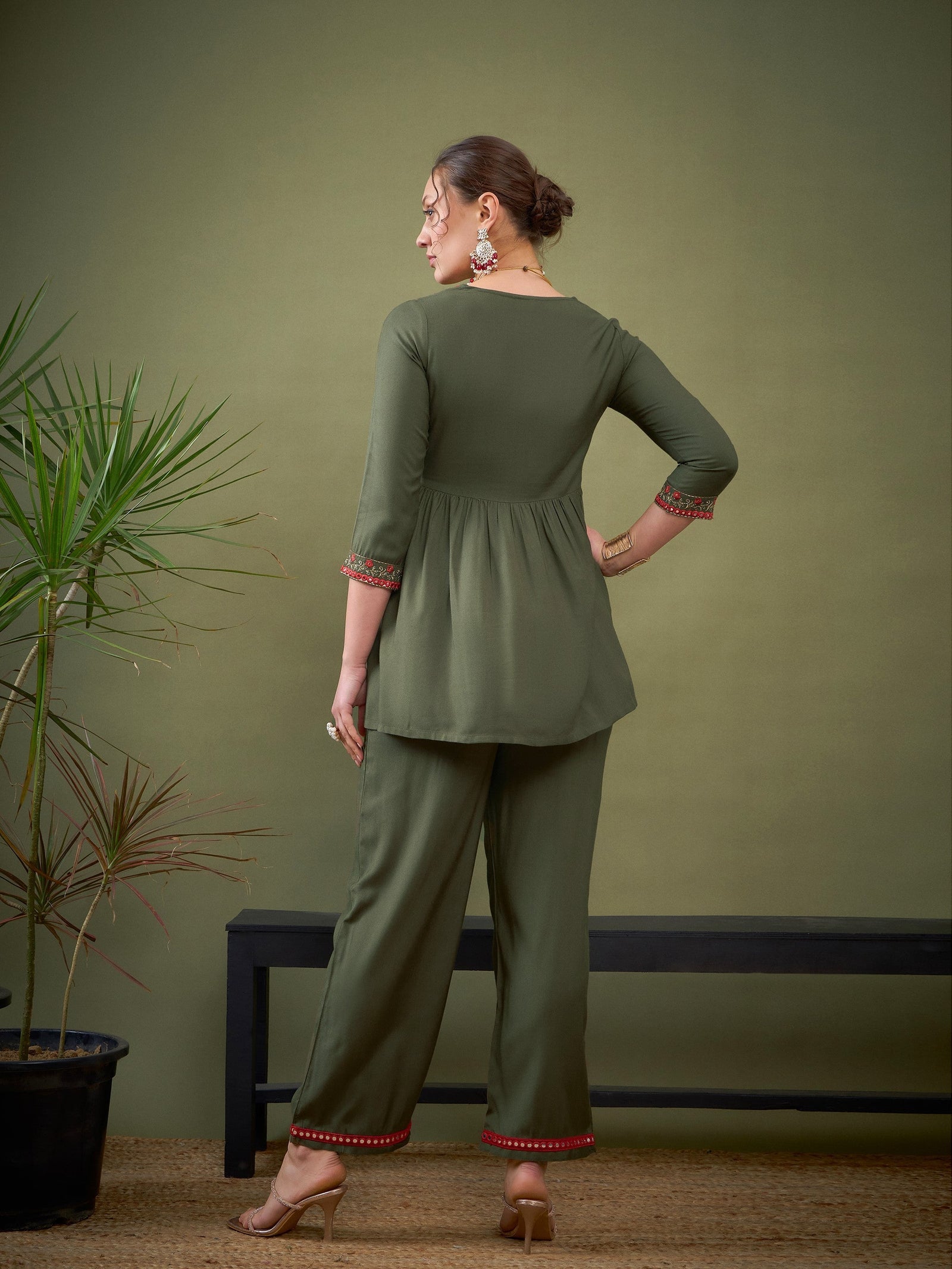 Olive Peplum Embroidered Top With Palazzos-Shae by SASSAFRAS