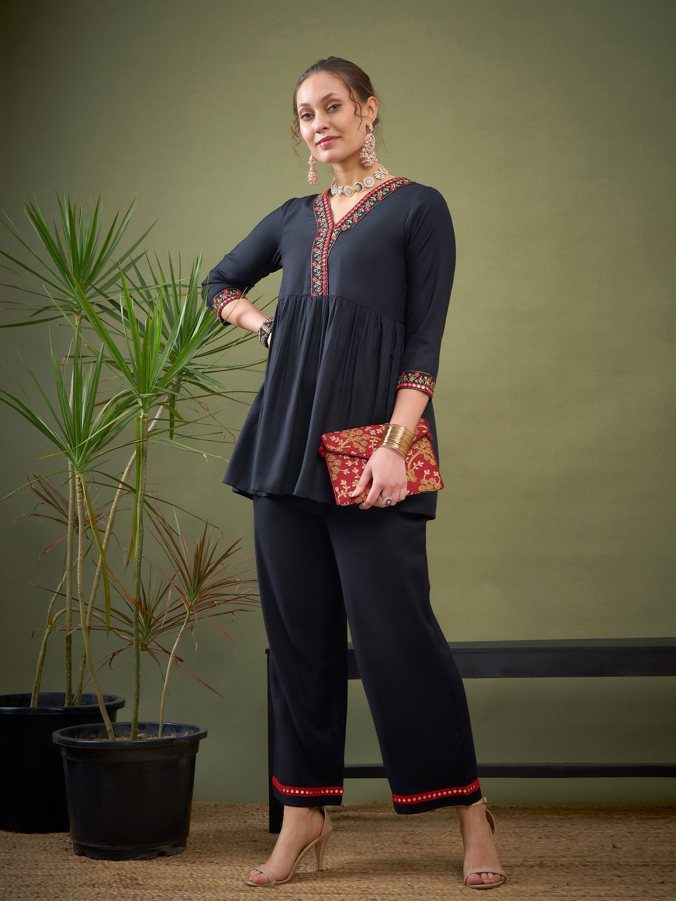 Black Peplum Embroidered Top With Palazzos-Shae by SASSAFRAS