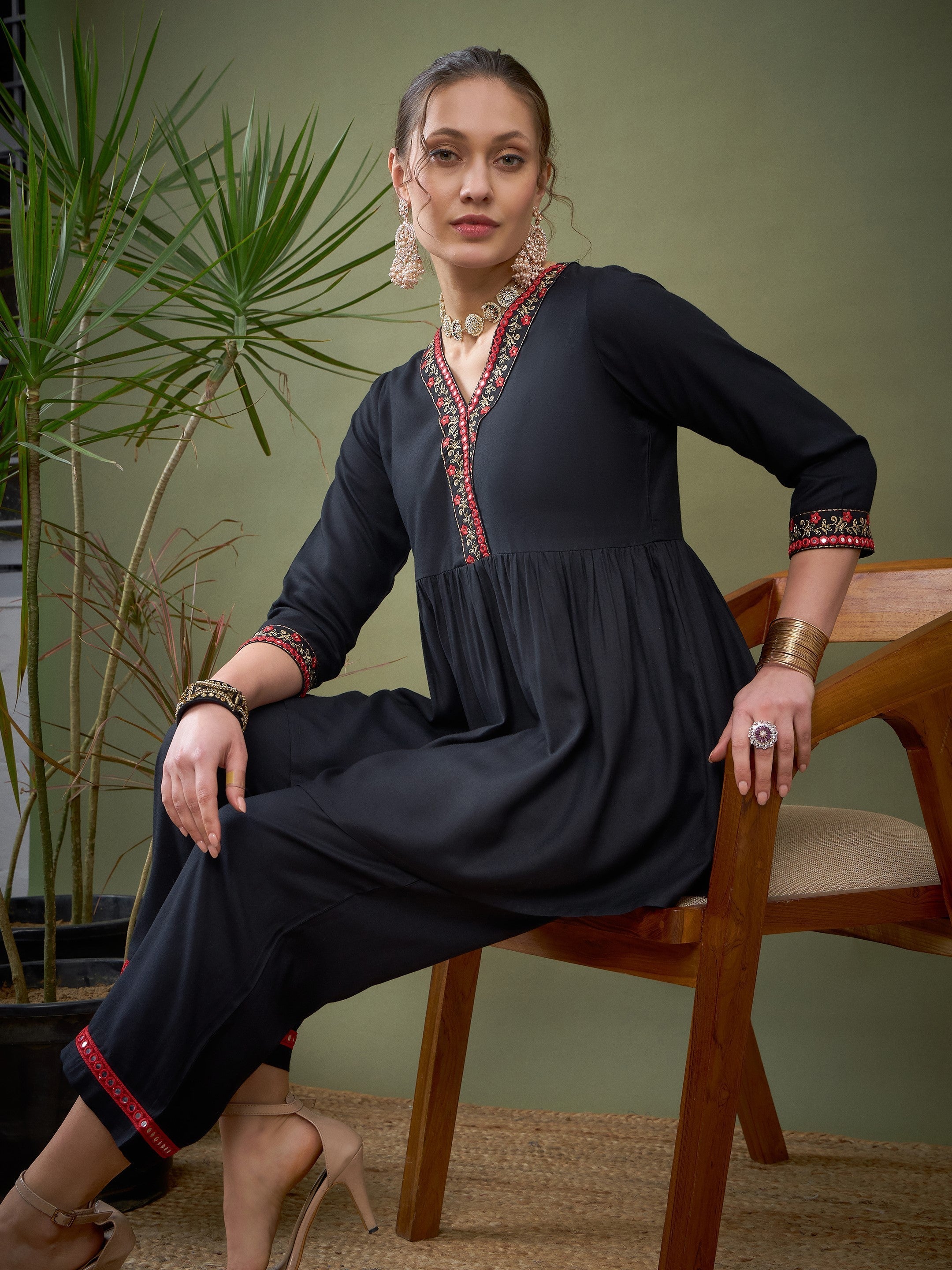 Black Peplum Embroidered Top With Palazzos-Shae by SASSAFRAS