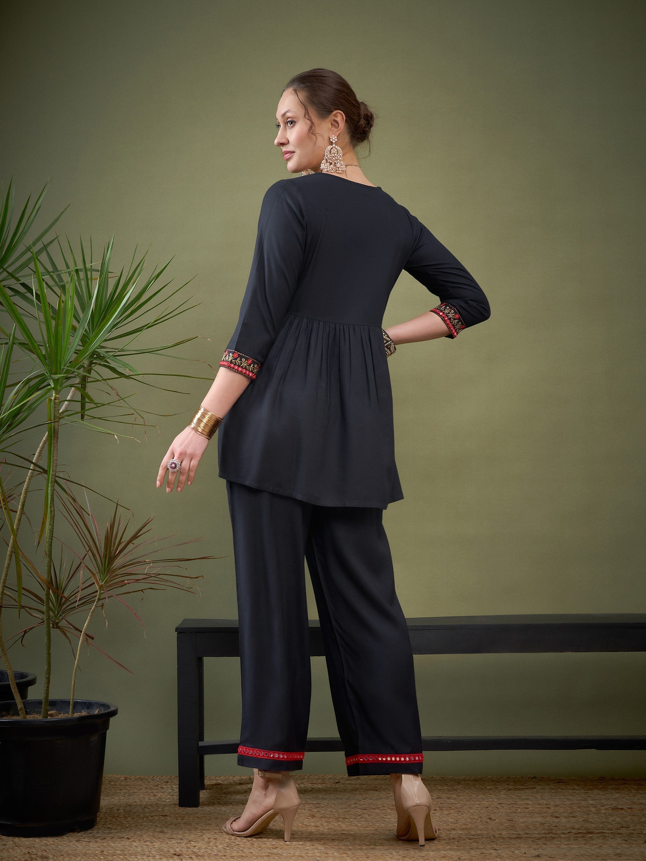 Black Peplum Embroidered Top With Palazzos-Shae by SASSAFRAS