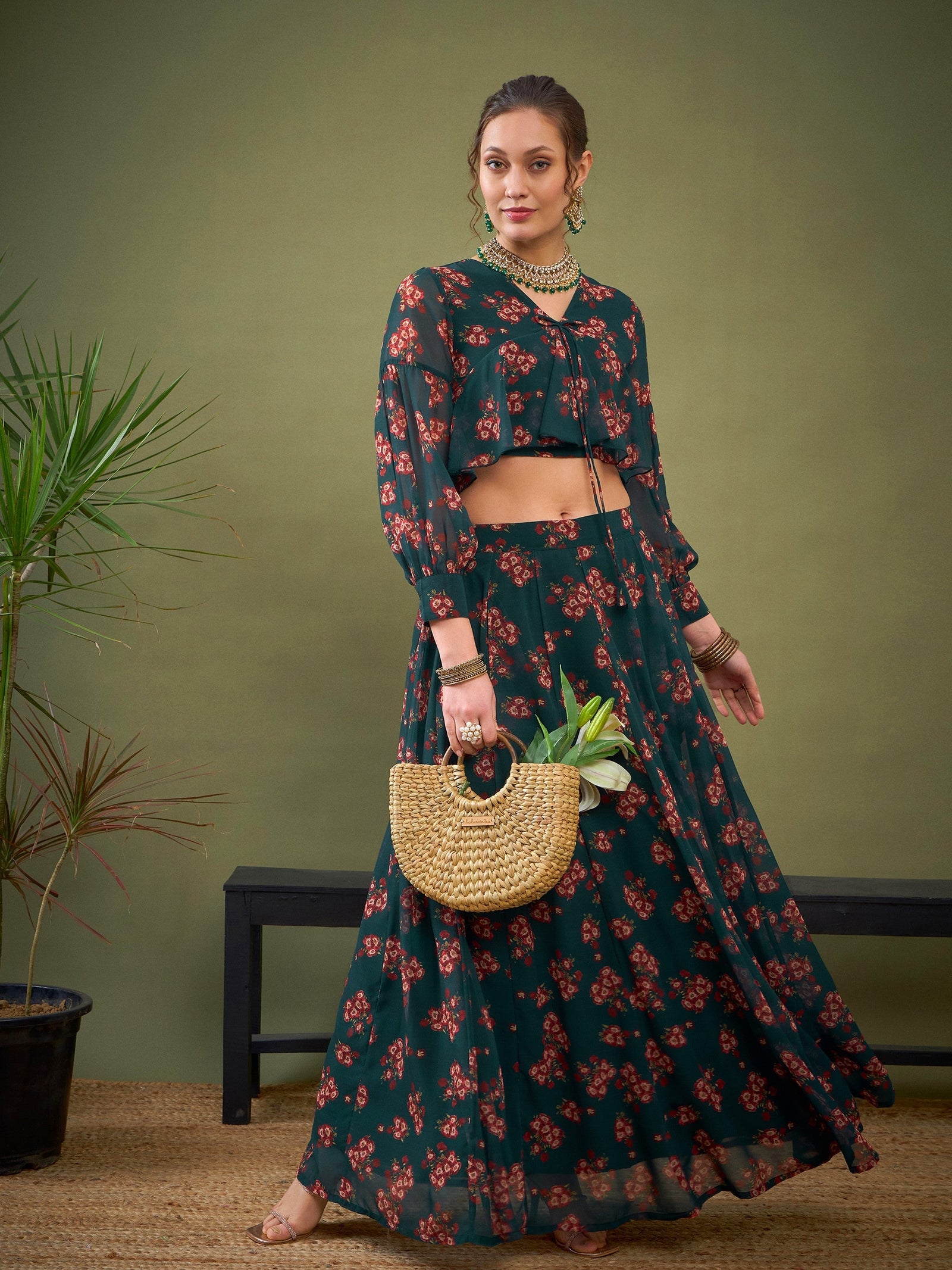 Green Floral Anarkali Skirt With Peplum Crop Top-Shae by SASSAFRAS