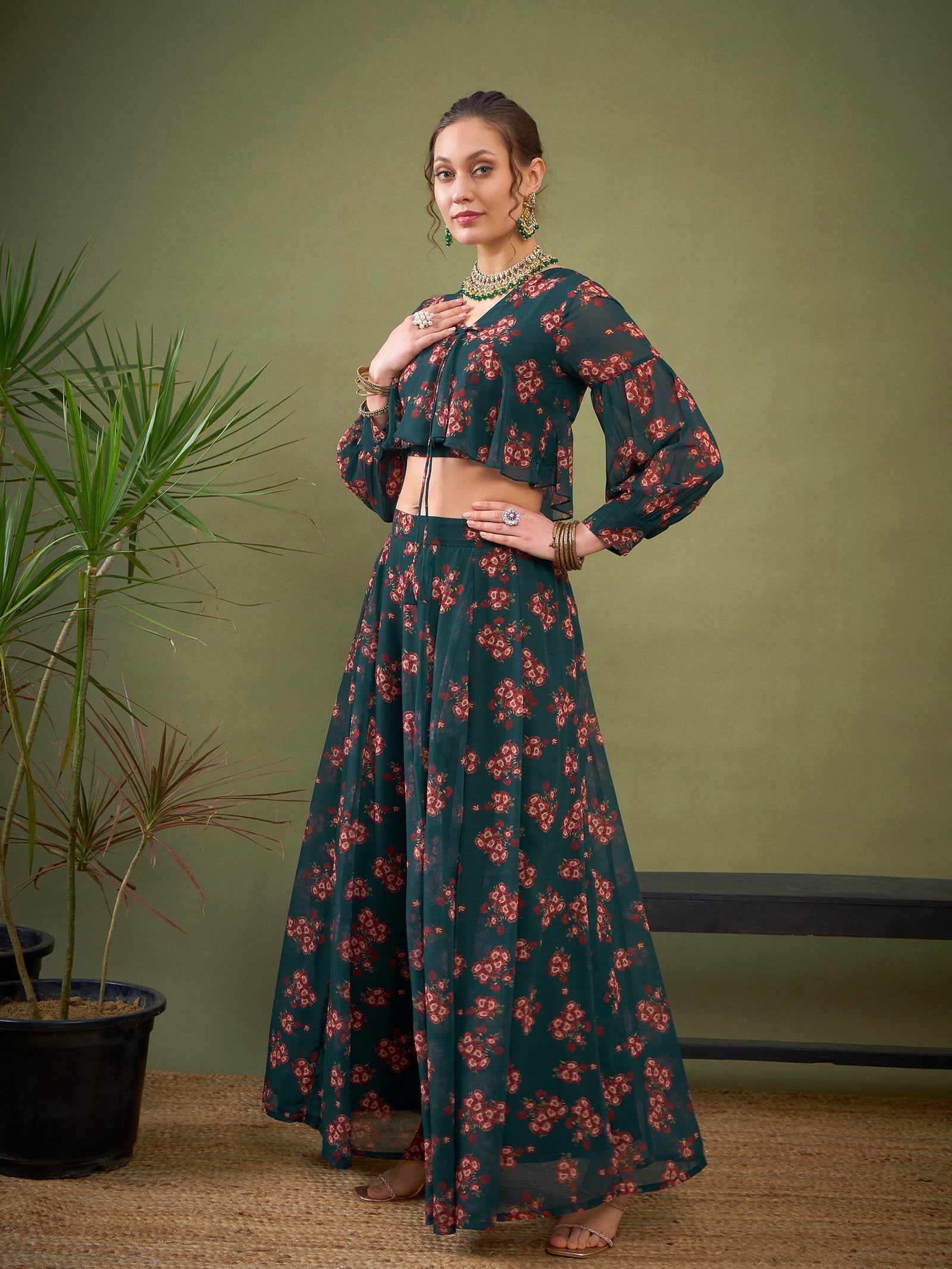 Green Floral Anarkali Skirt With Peplum Crop Top-Shae by SASSAFRAS