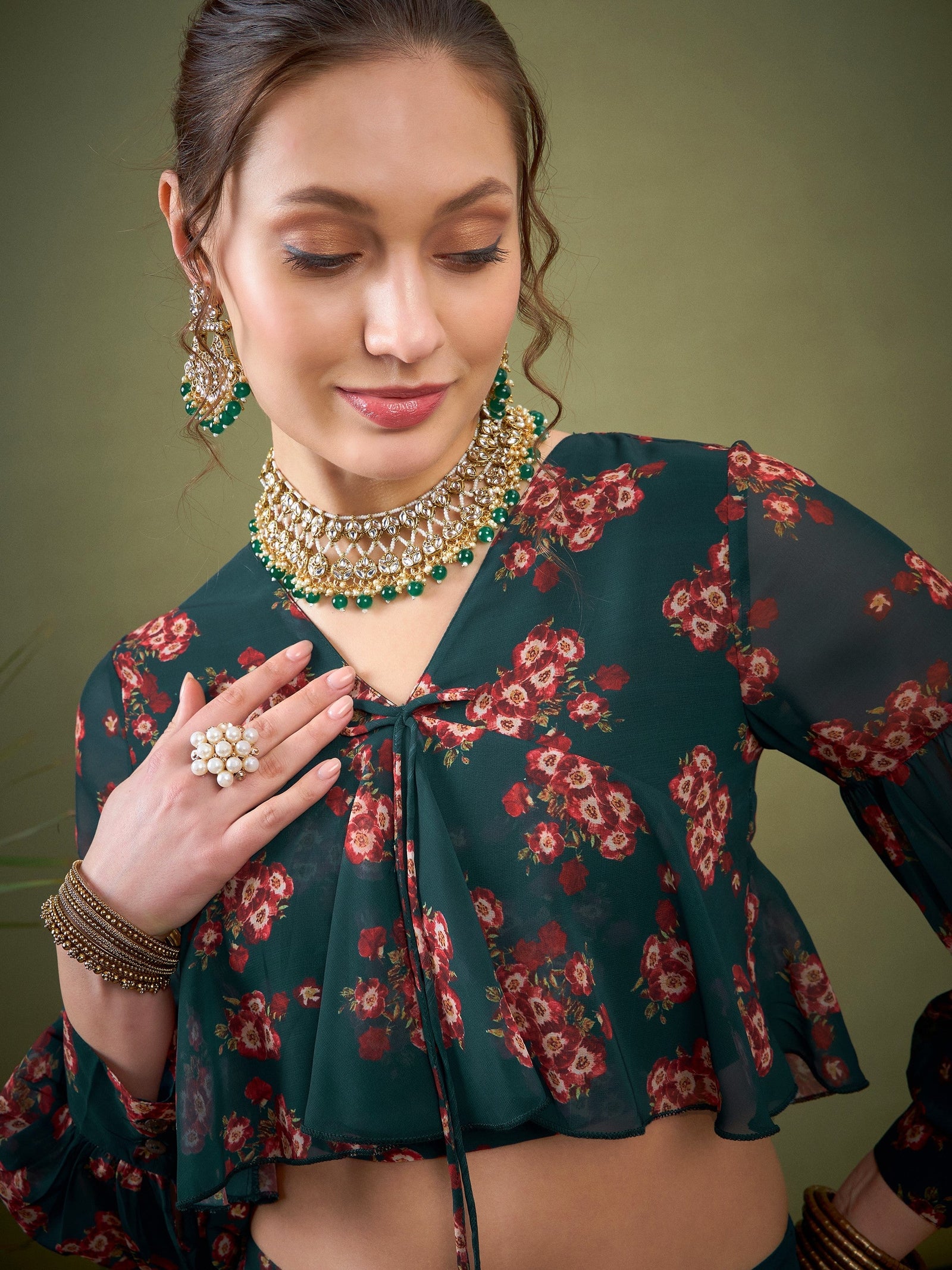 Green Floral Anarkali Skirt With Peplum Crop Top-Shae by SASSAFRAS