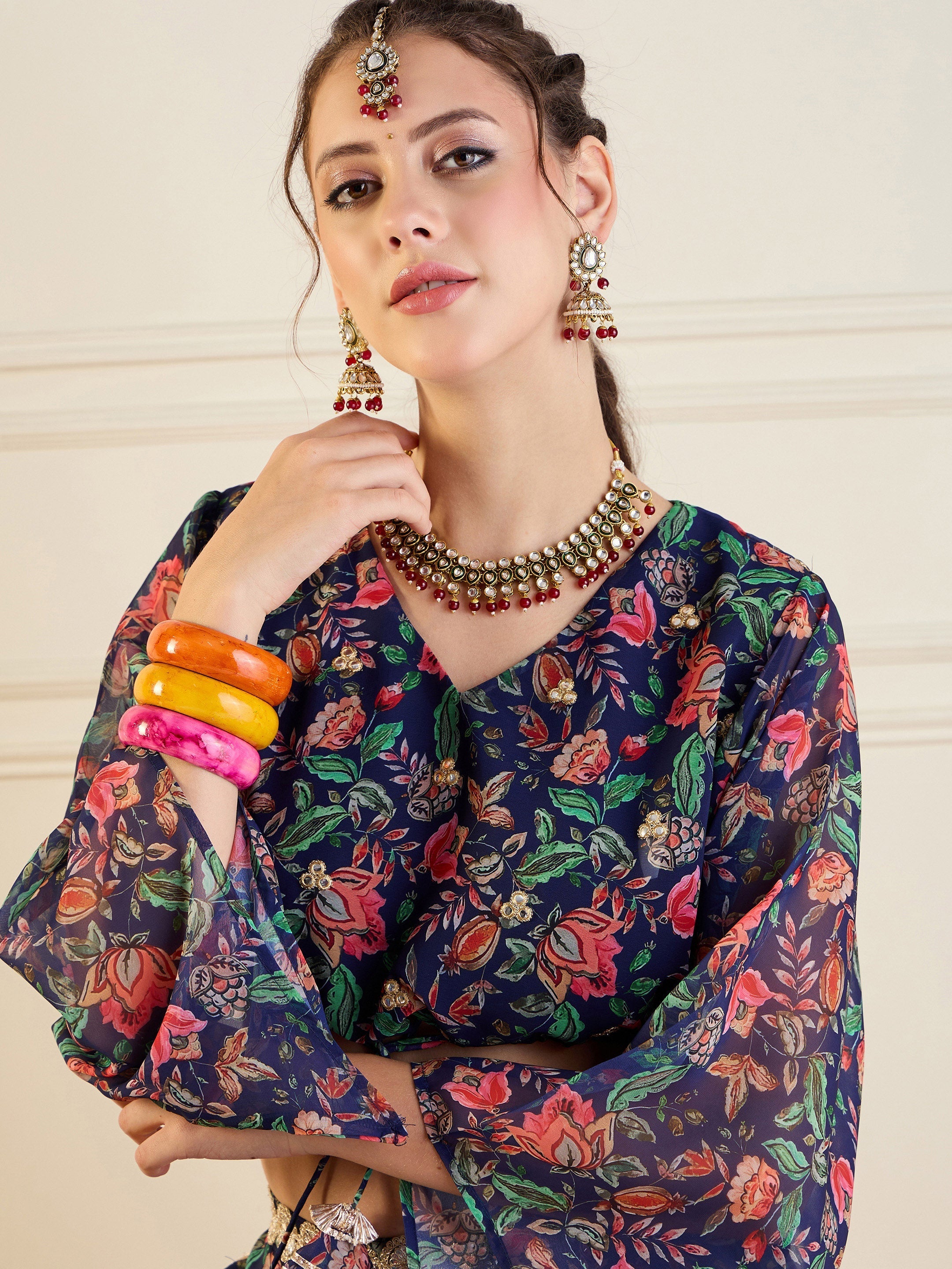 Women Navy Floral Anarkali Skirt With Front Dori Crop Top