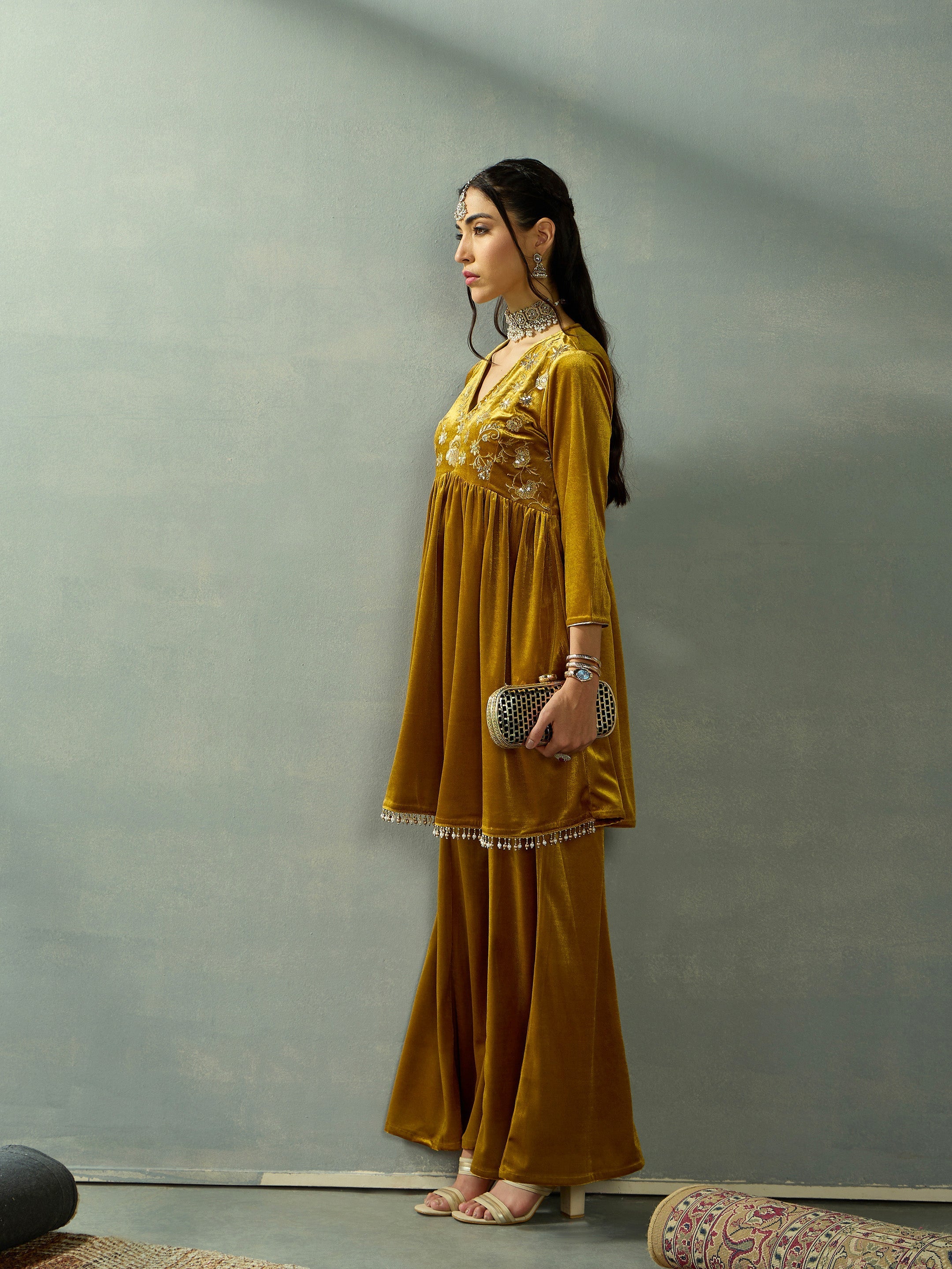 Women Mustard Velvet Embroidered Peplum Top With Palazzos