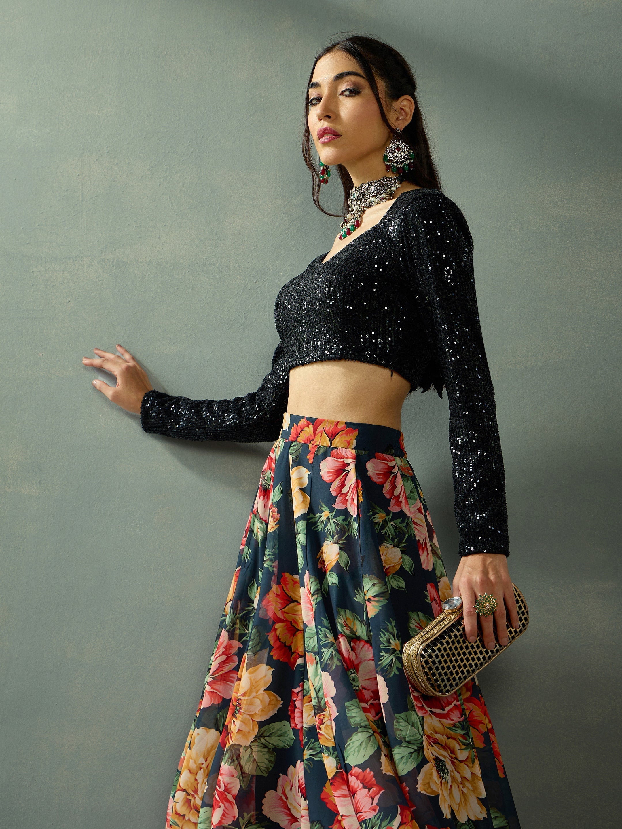 Women Black Sequins Blouse With Anarkali Skirt