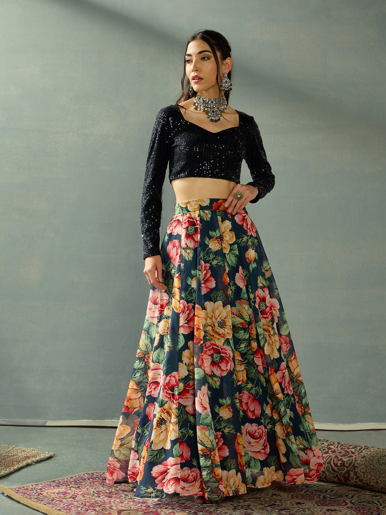 Women Black Sequins Blouse With Anarkali Skirt