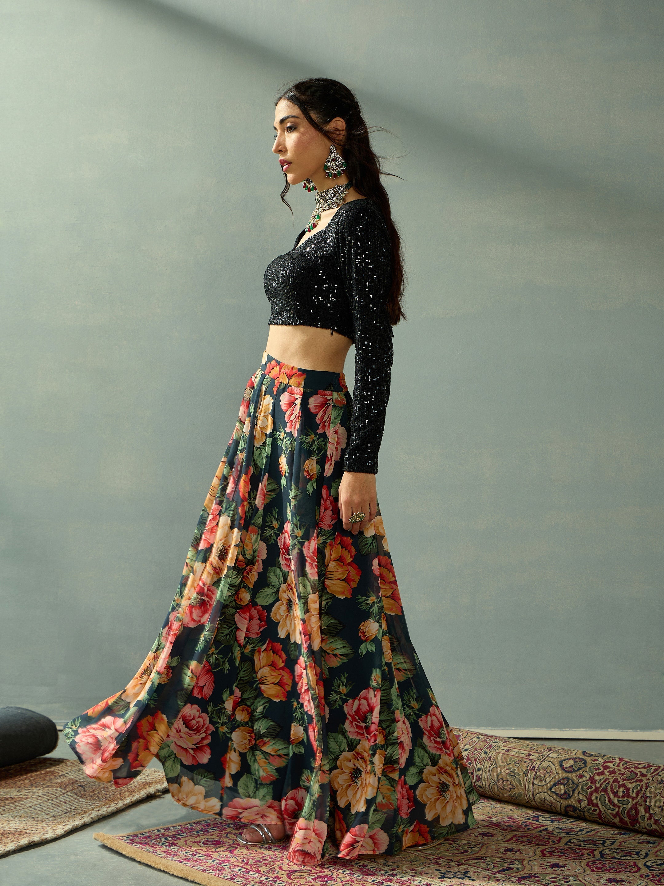 Women Black Sequins Blouse With Anarkali Skirt