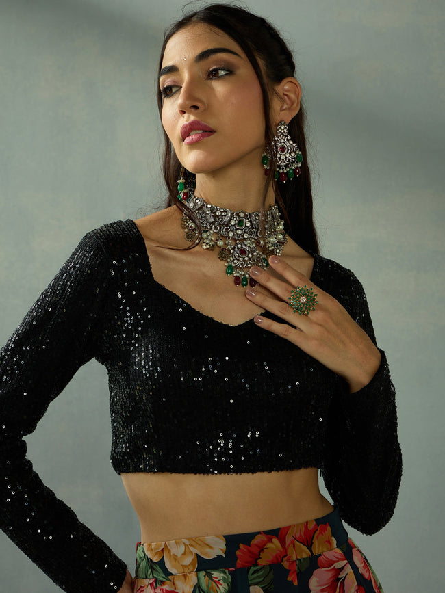 Women Black Sequins Blouse With Anarkali Skirt