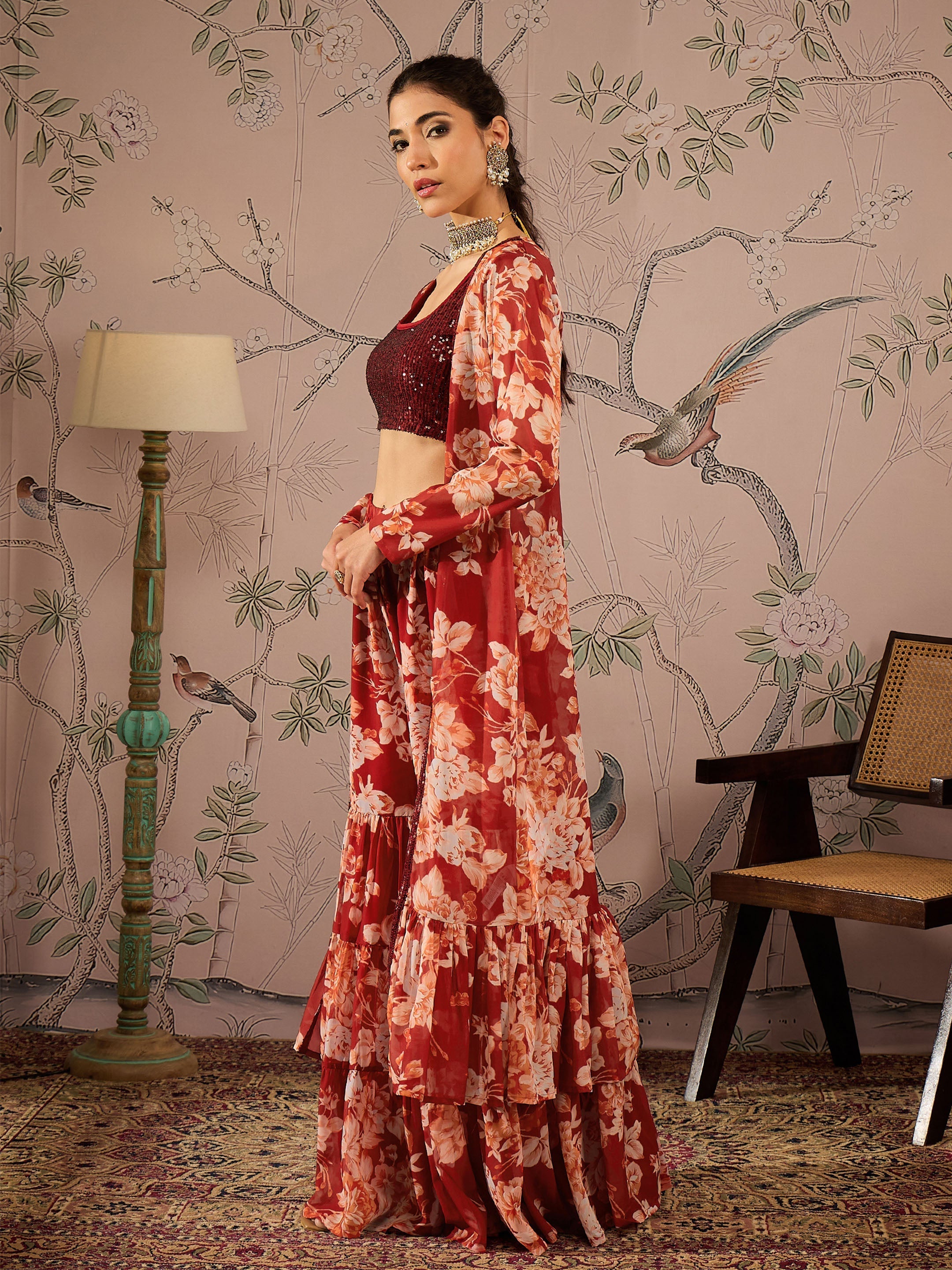 Women Maroon Sequins Crop Top With Floral Sharara And Shrug