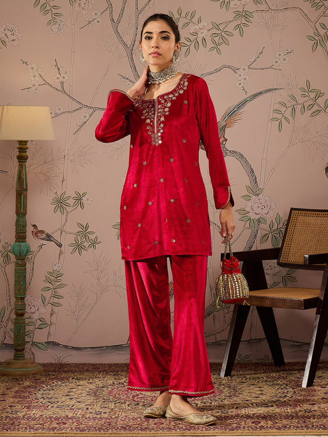 Women Red Velvet Embroidered Short Kurta With Straight Pants