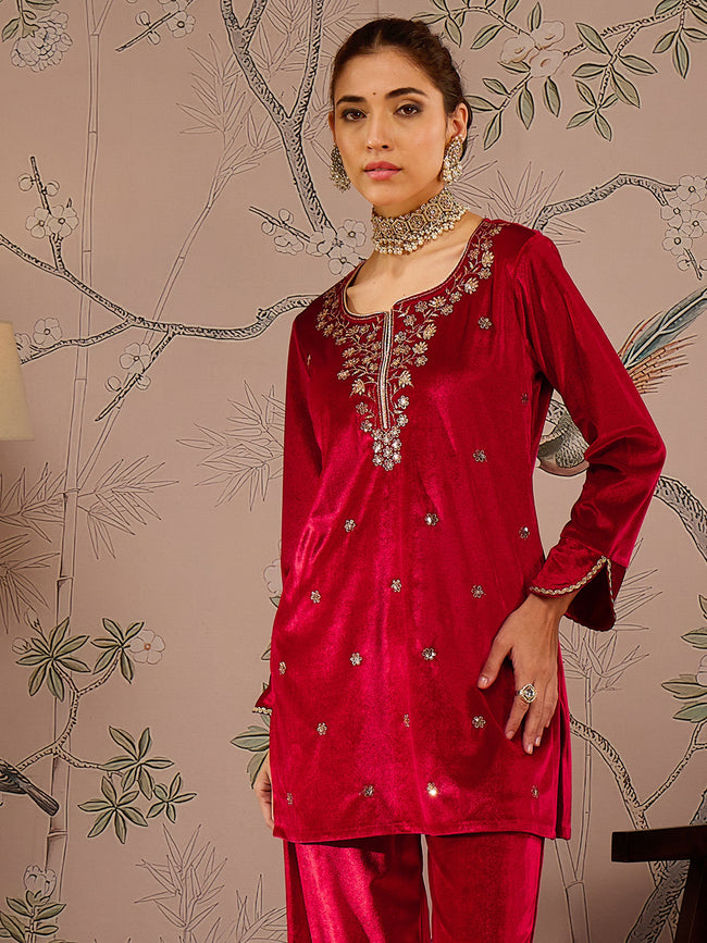 Women Red Velvet Embroidered Short Kurta With Straight Pants