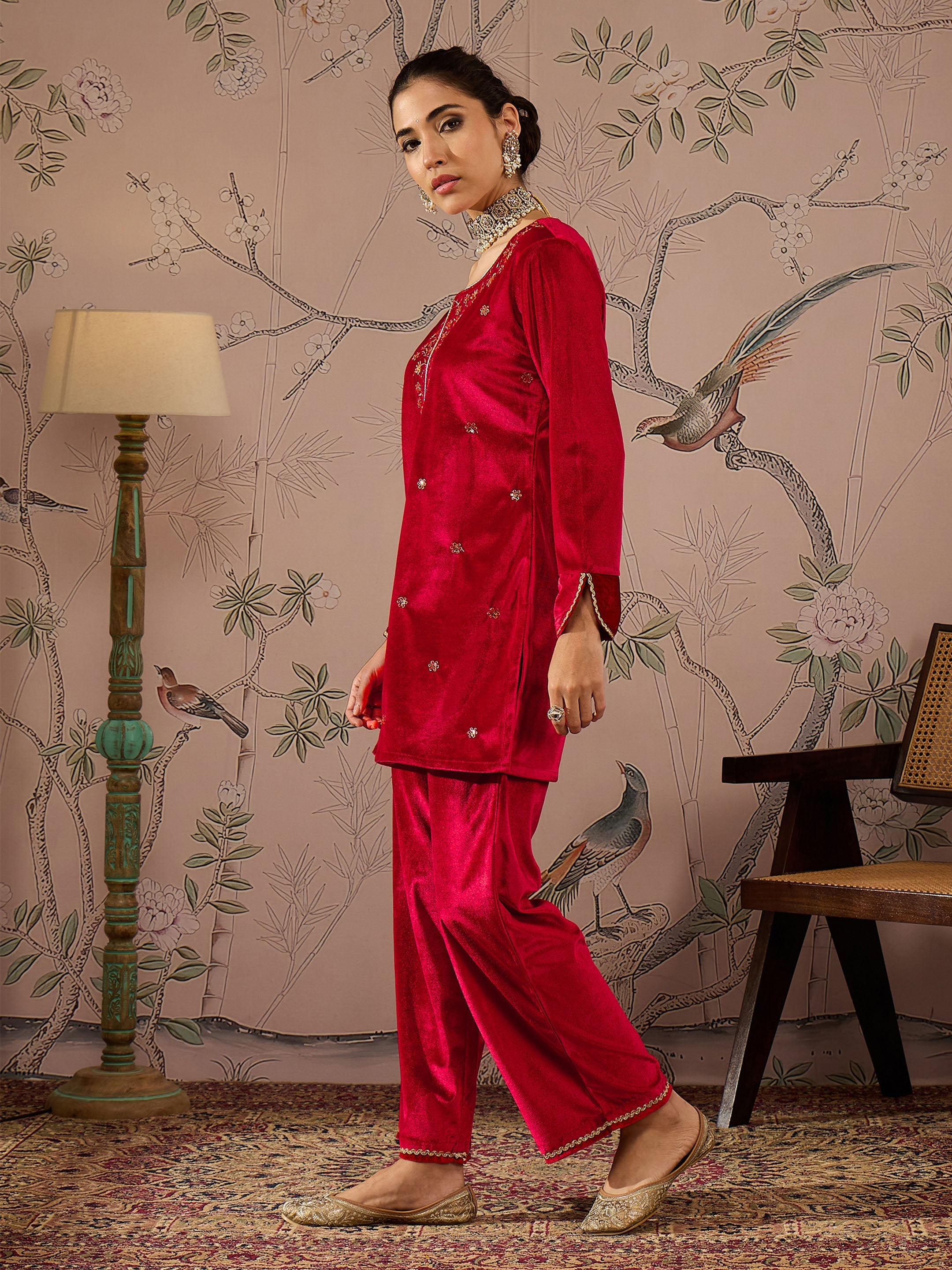 Women Red Velvet Embroidered Short Kurta With Straight Pants