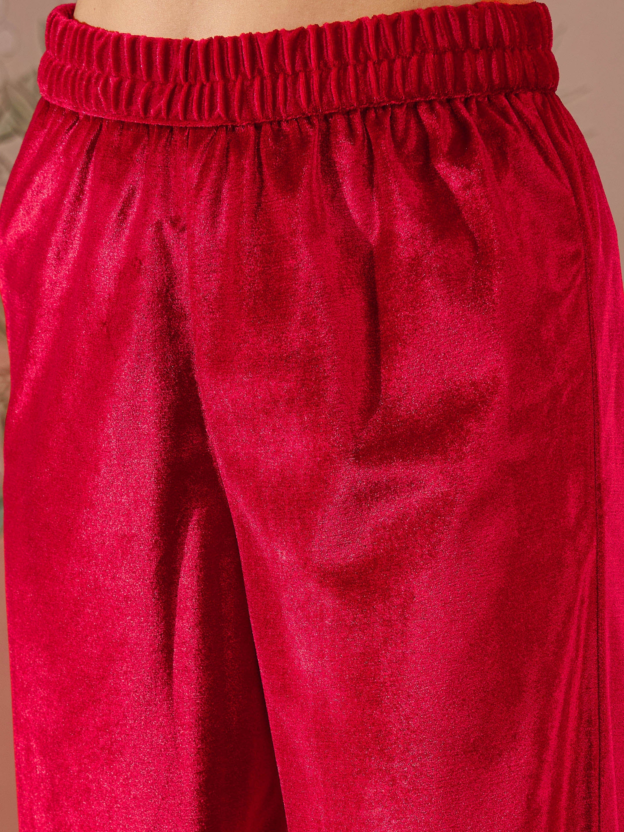 Women Red Velvet Embroidered Short Kurta With Straight Pants