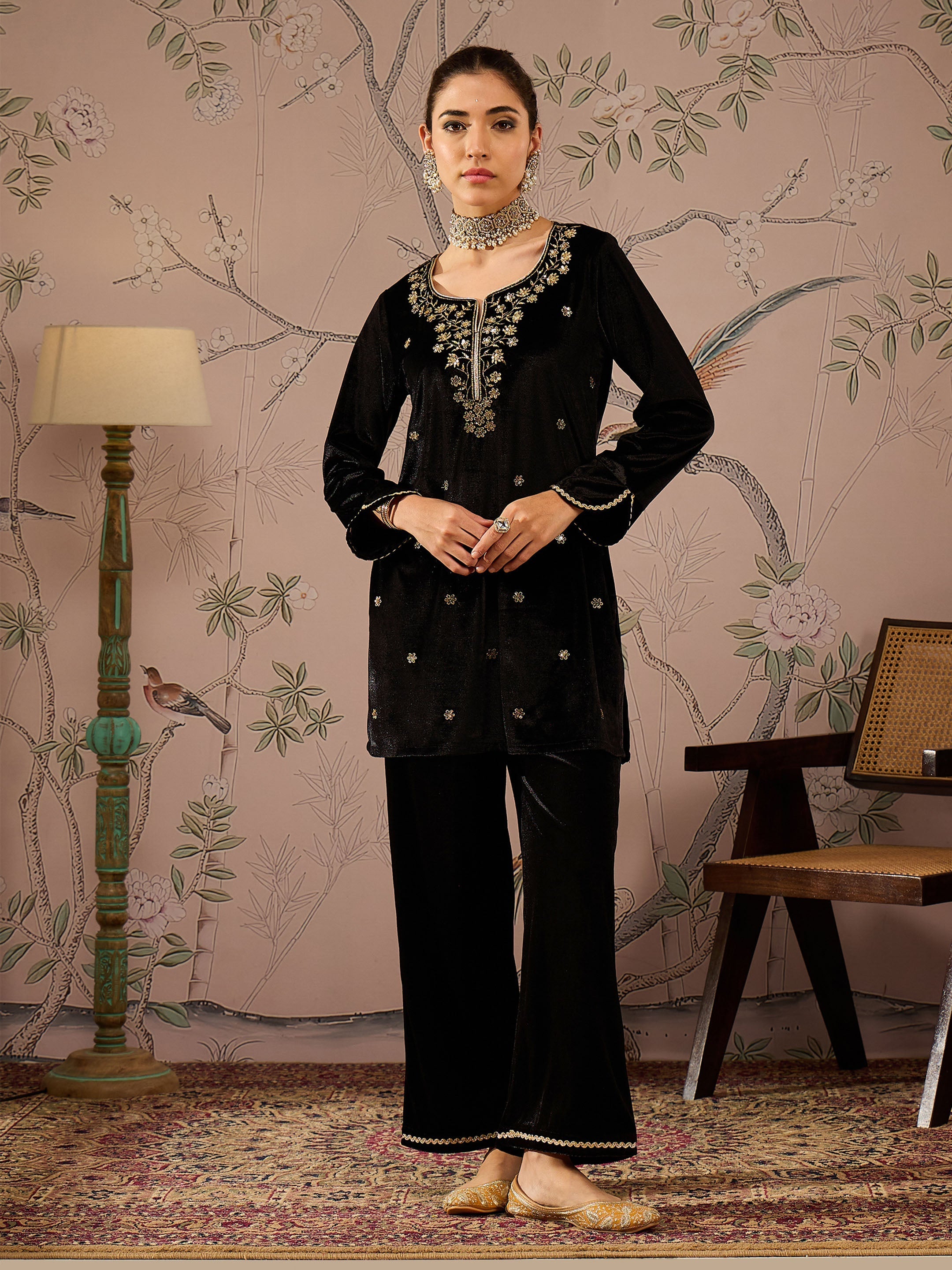 Women Black Velvet Embroidered Short Kurta With Straight Pants
