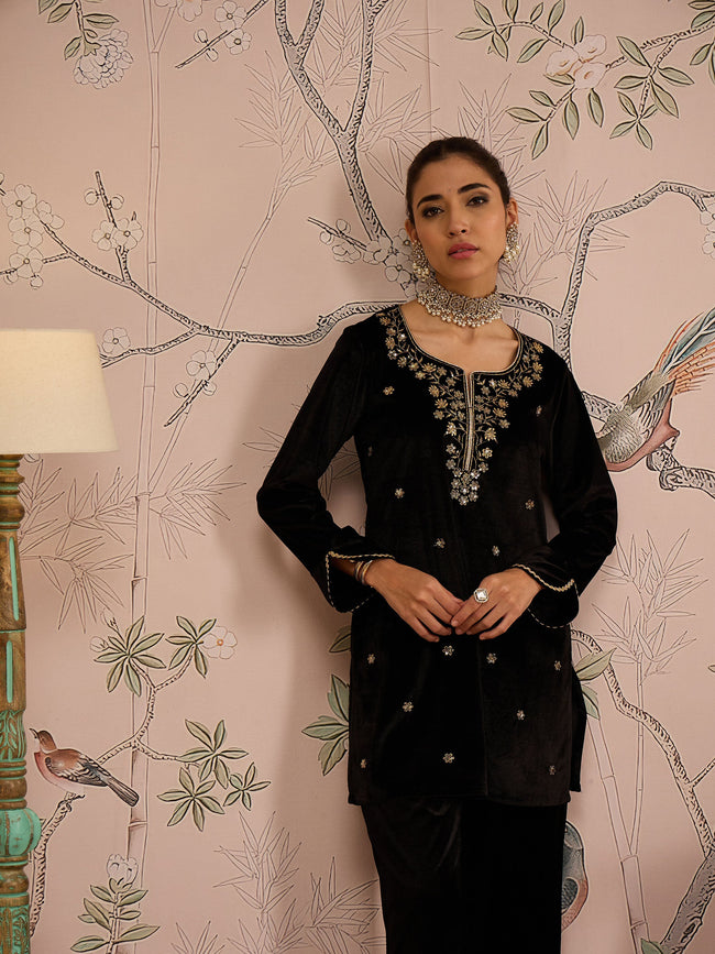 Women Black Velvet Embroidered Short Kurta With Straight Pants