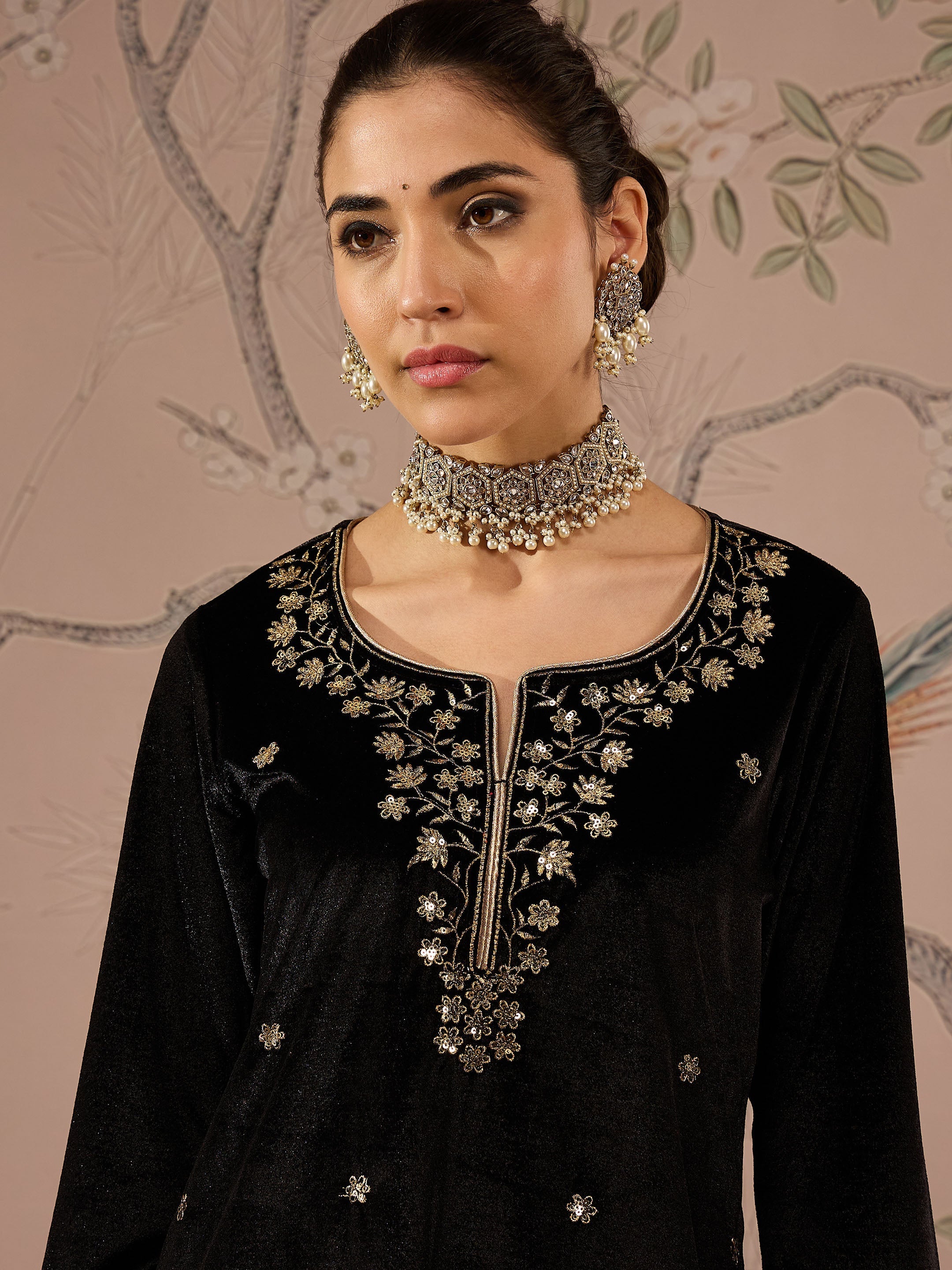 Women Black Velvet Embroidered Short Kurta With Straight Pants