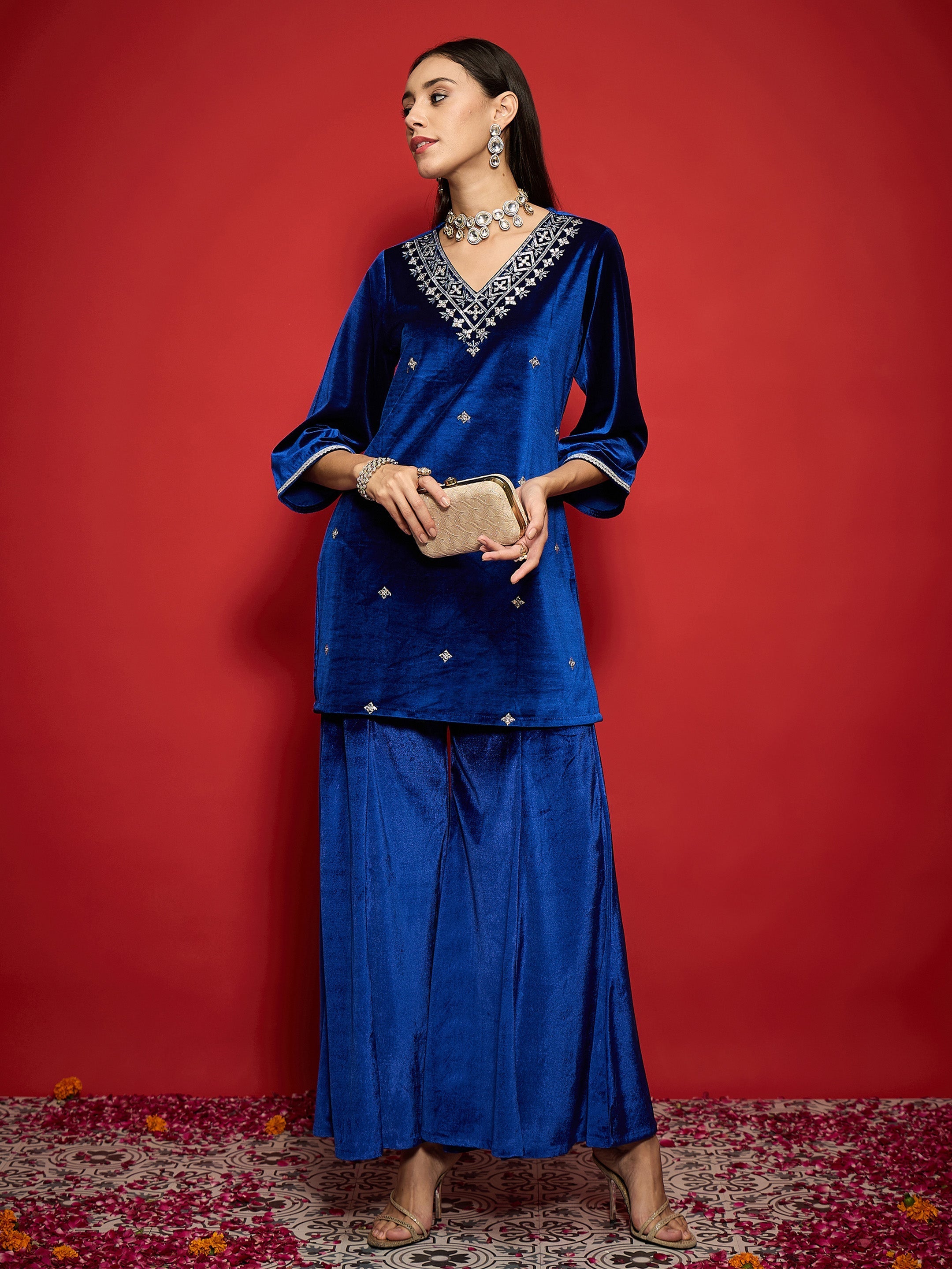 Women Royal Blue Velvet Emb V-Neck Short Kurta With Palazzos