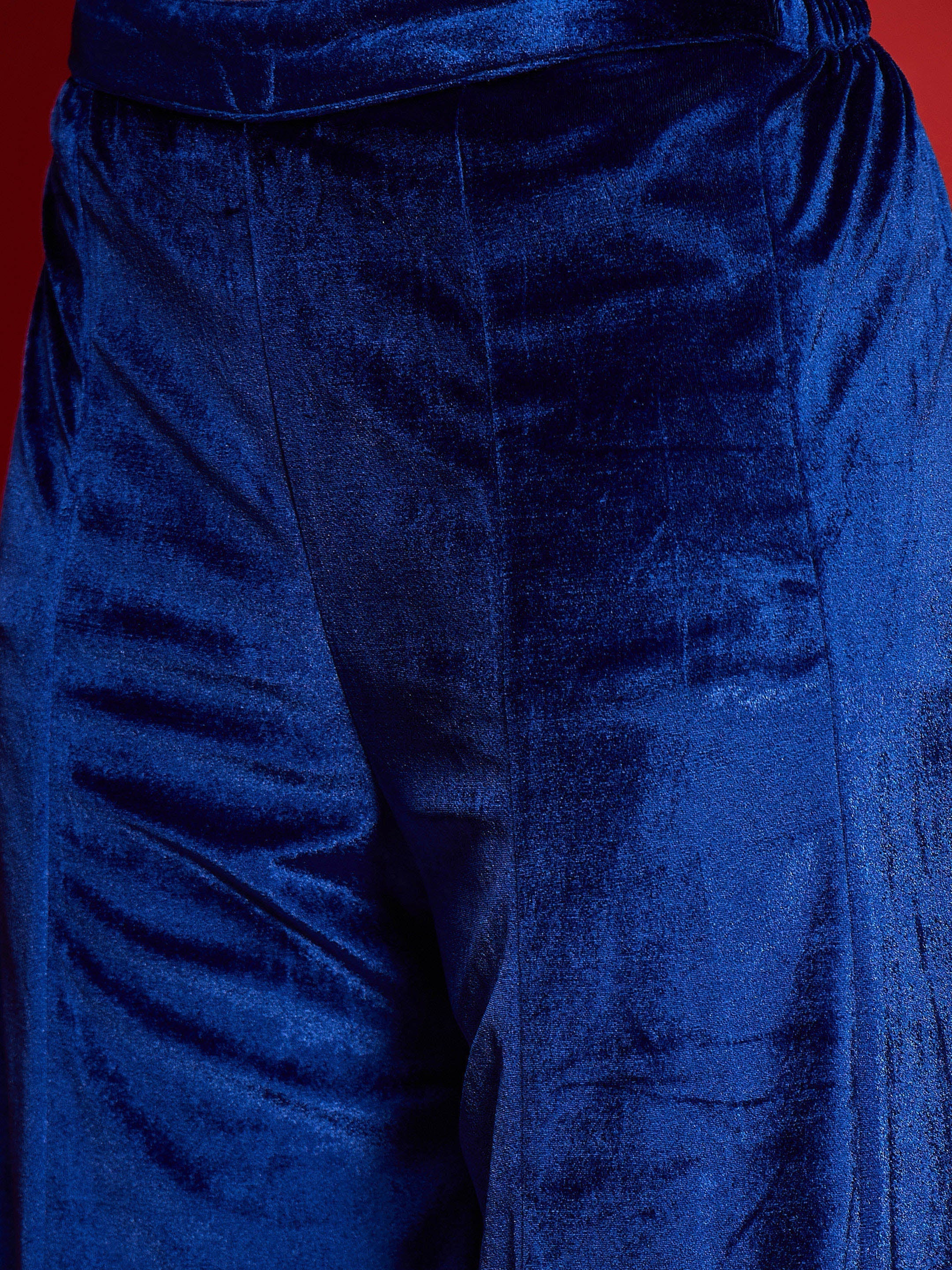 Women Royal Blue Velvet Emb V-Neck Short Kurta With Palazzos