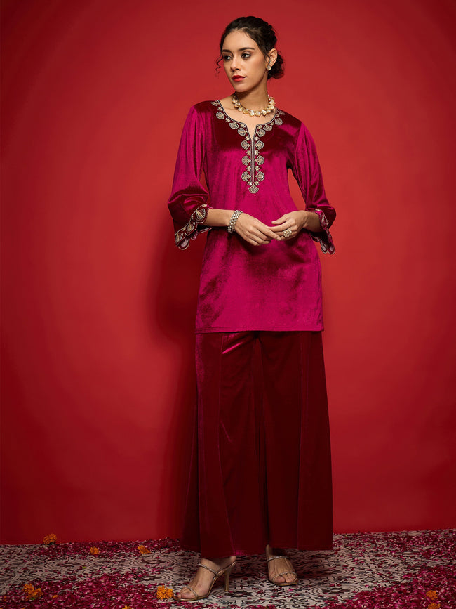 Women Fuchsia Velvet Placket Emb Short Kurta With Palazzos