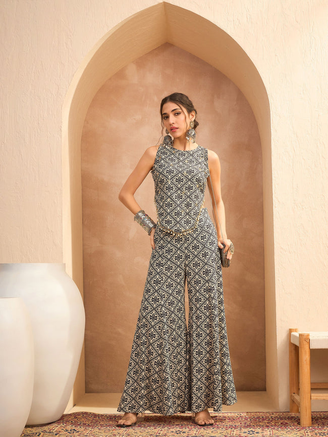 Women Beige & Black Floral Sleeveless Top With Palazzos
