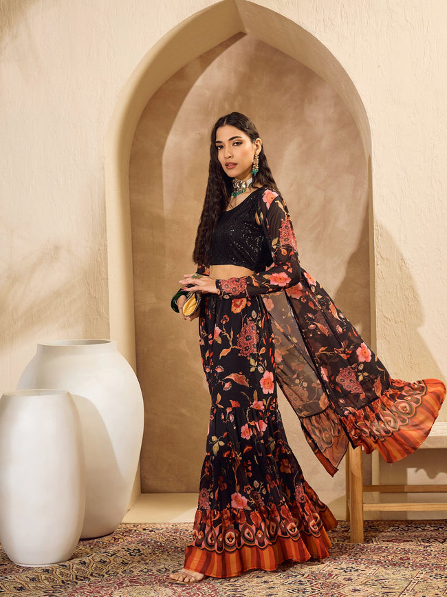 Women Black Sequins Crop Top With Floral Sharara And Shrug