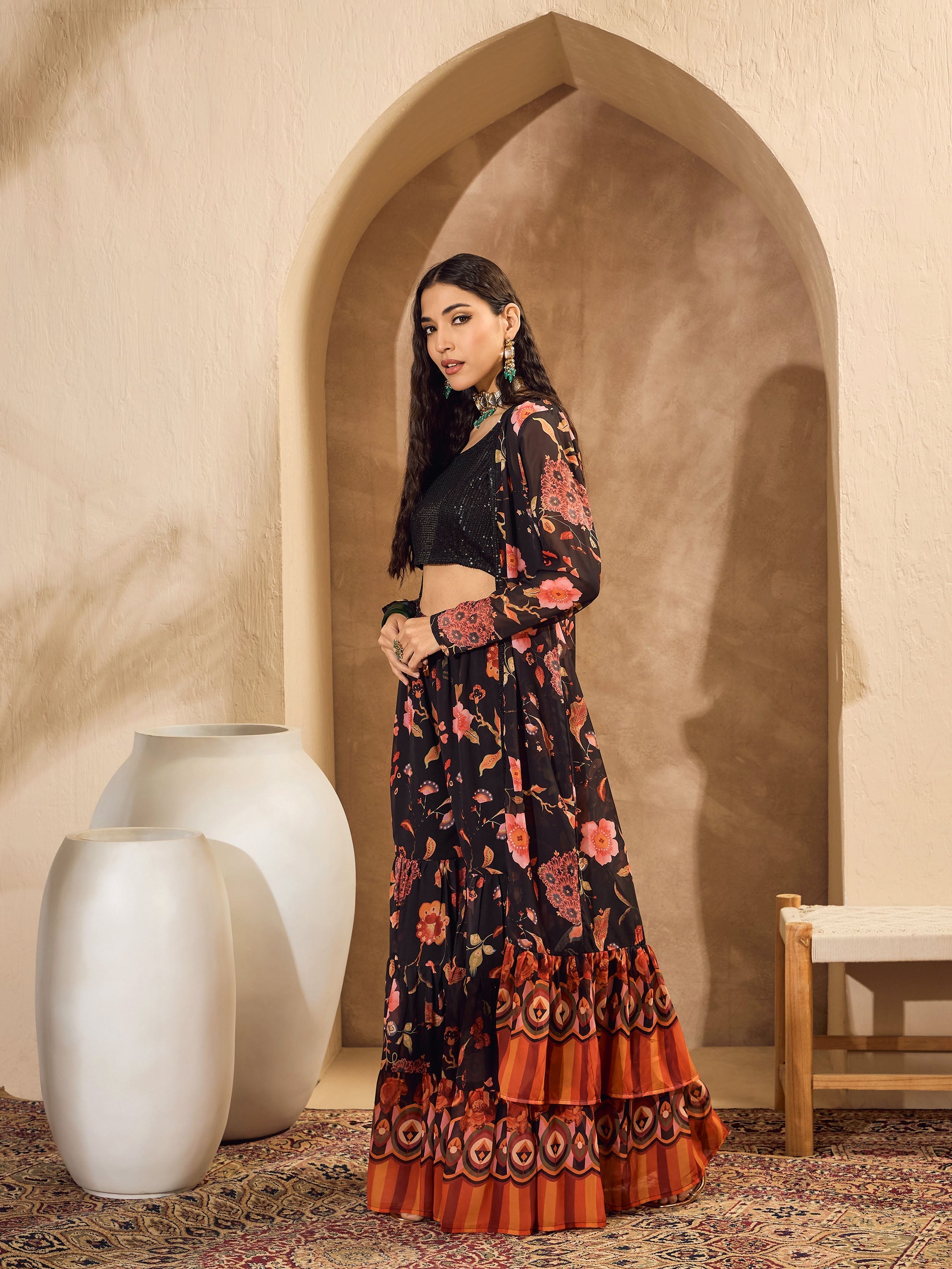 Women Black Sequins Crop Top With Floral Sharara And Shrug