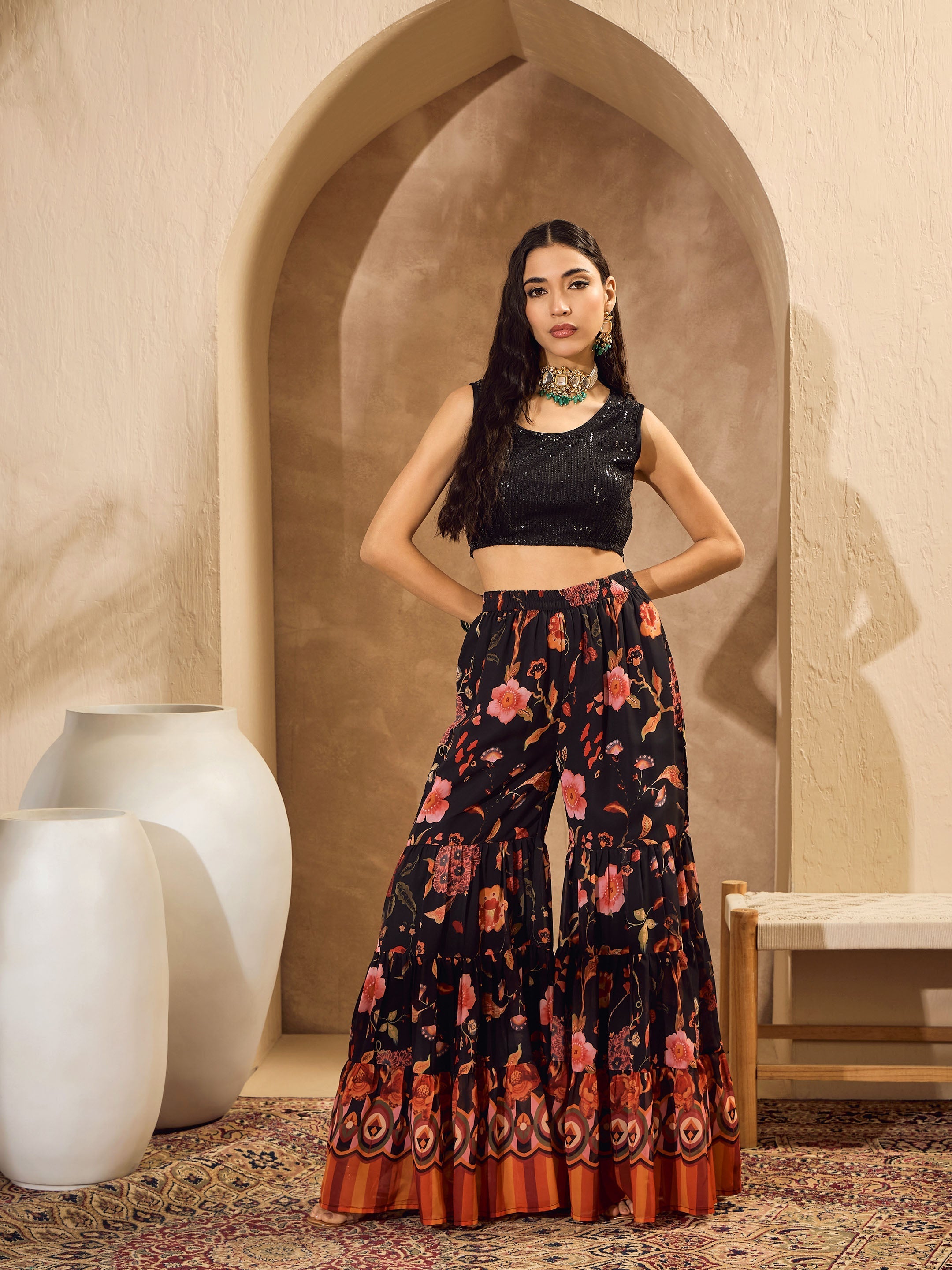 Women Black Sequins Crop Top With Floral Sharara And Shrug