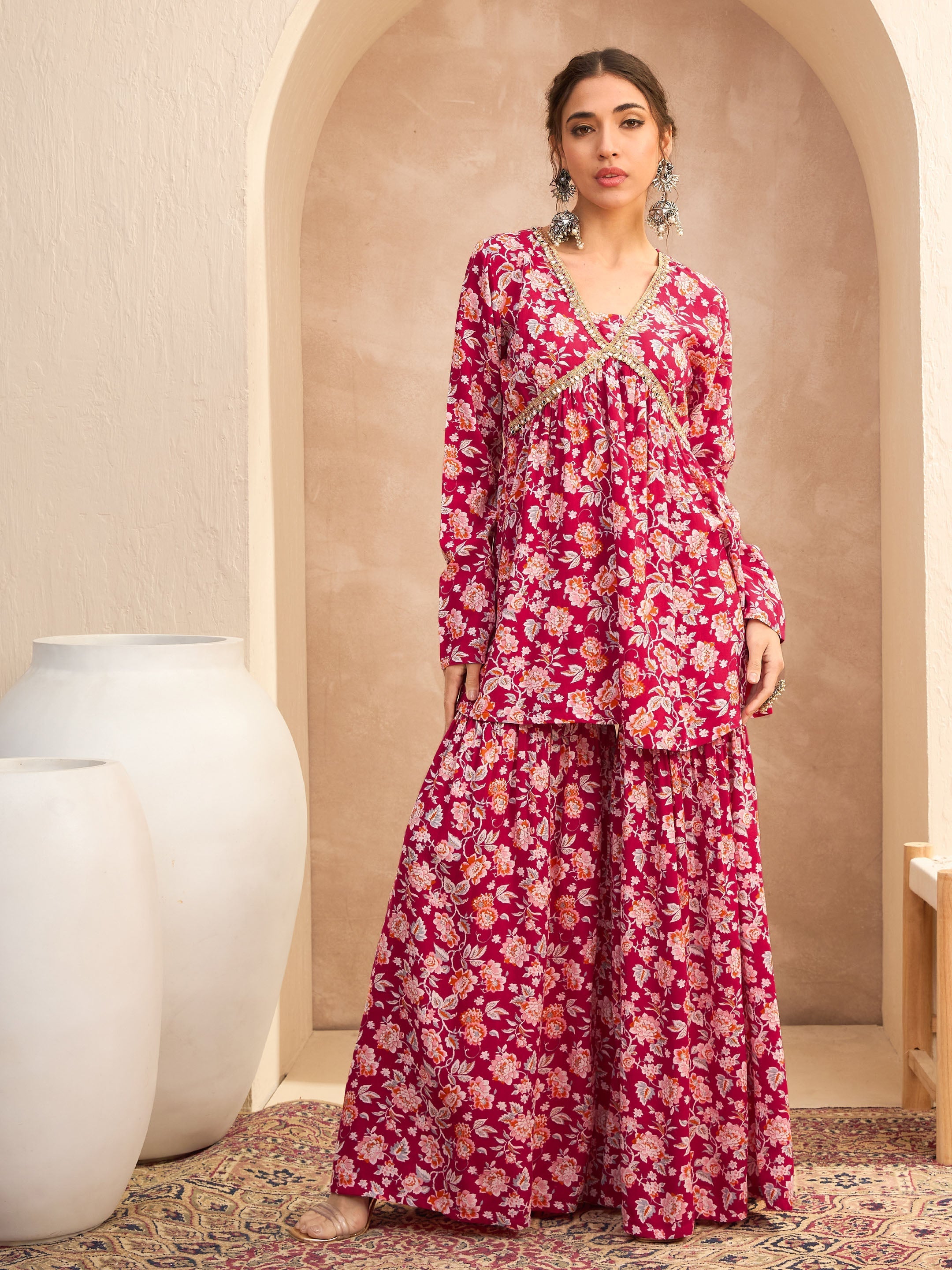 Women Red Floral Cambric Peplum Top With Sharara Pants