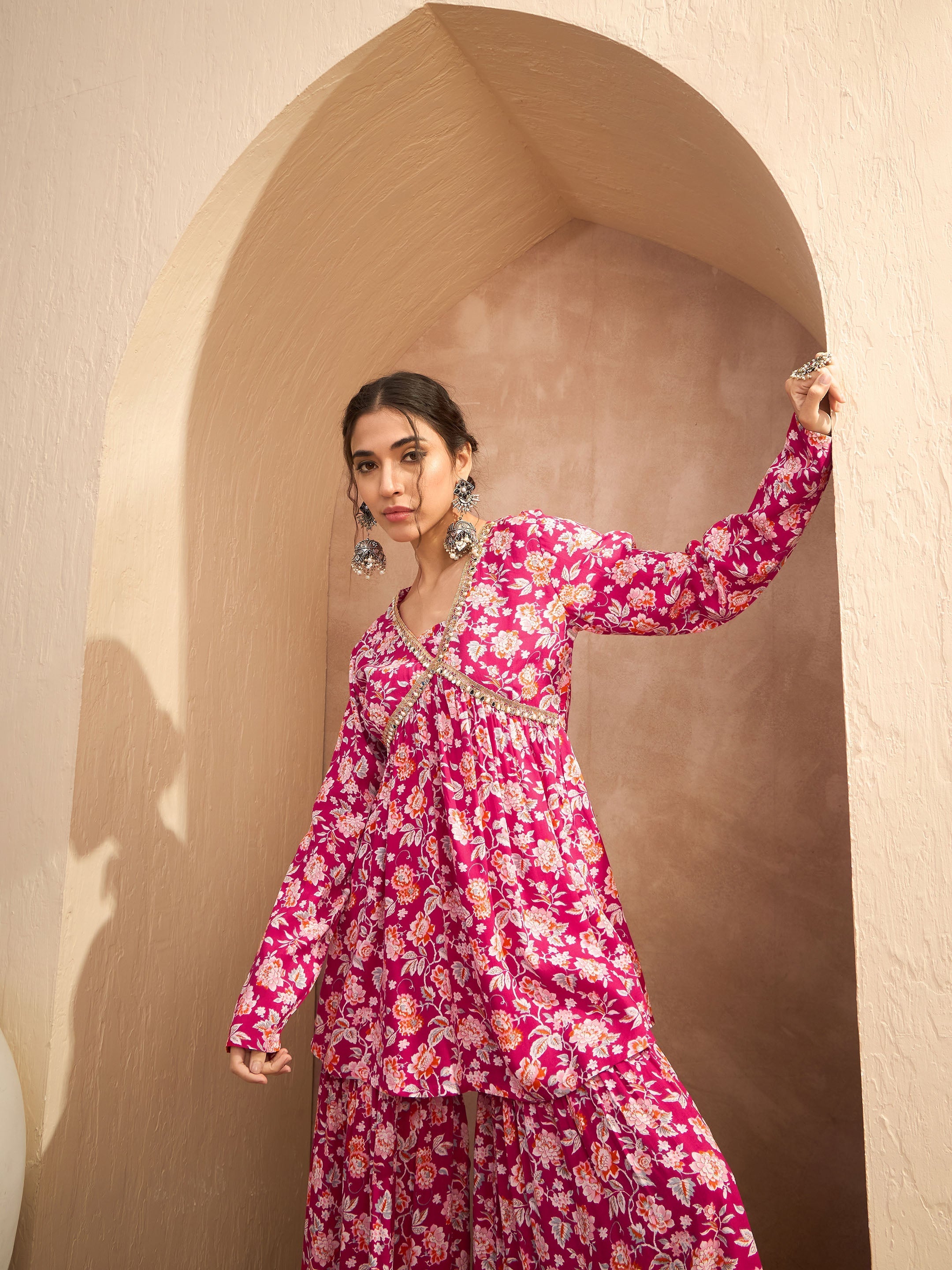 Women Red Floral Cambric Peplum Top With Sharara Pants