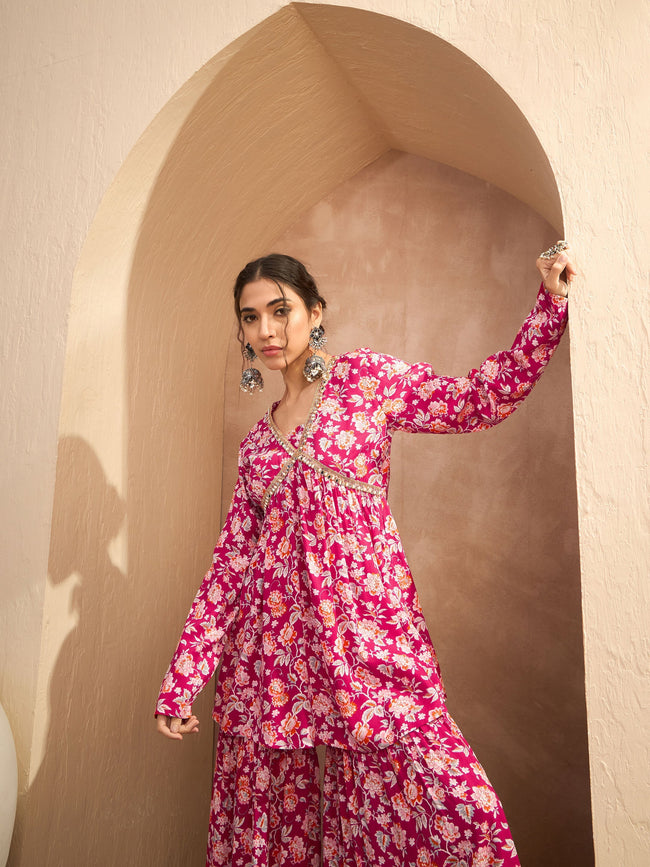 Women Red Floral Cambric Peplum Top With Sharara Pants