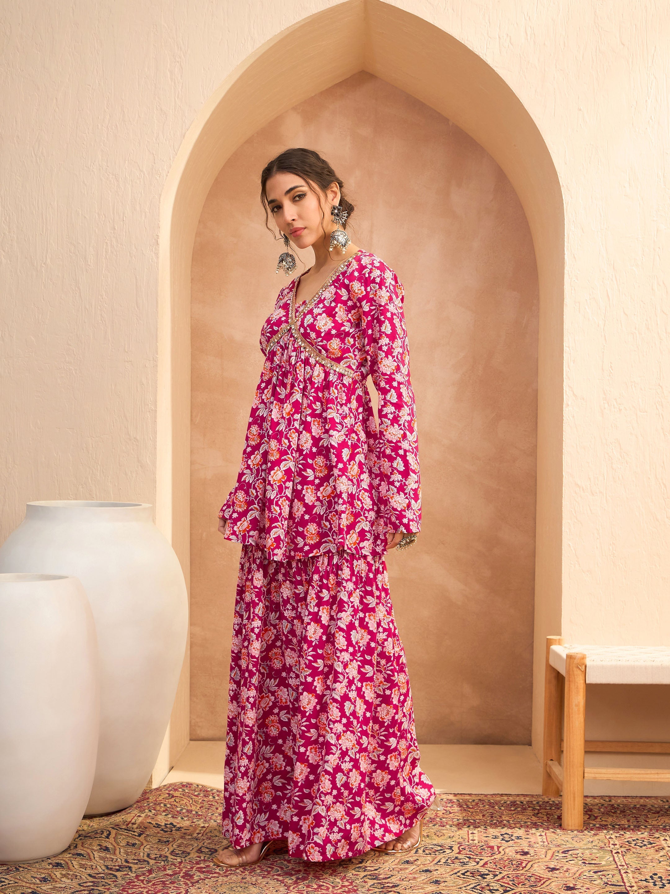 Women Red Floral Cambric Peplum Top With Sharara Pants