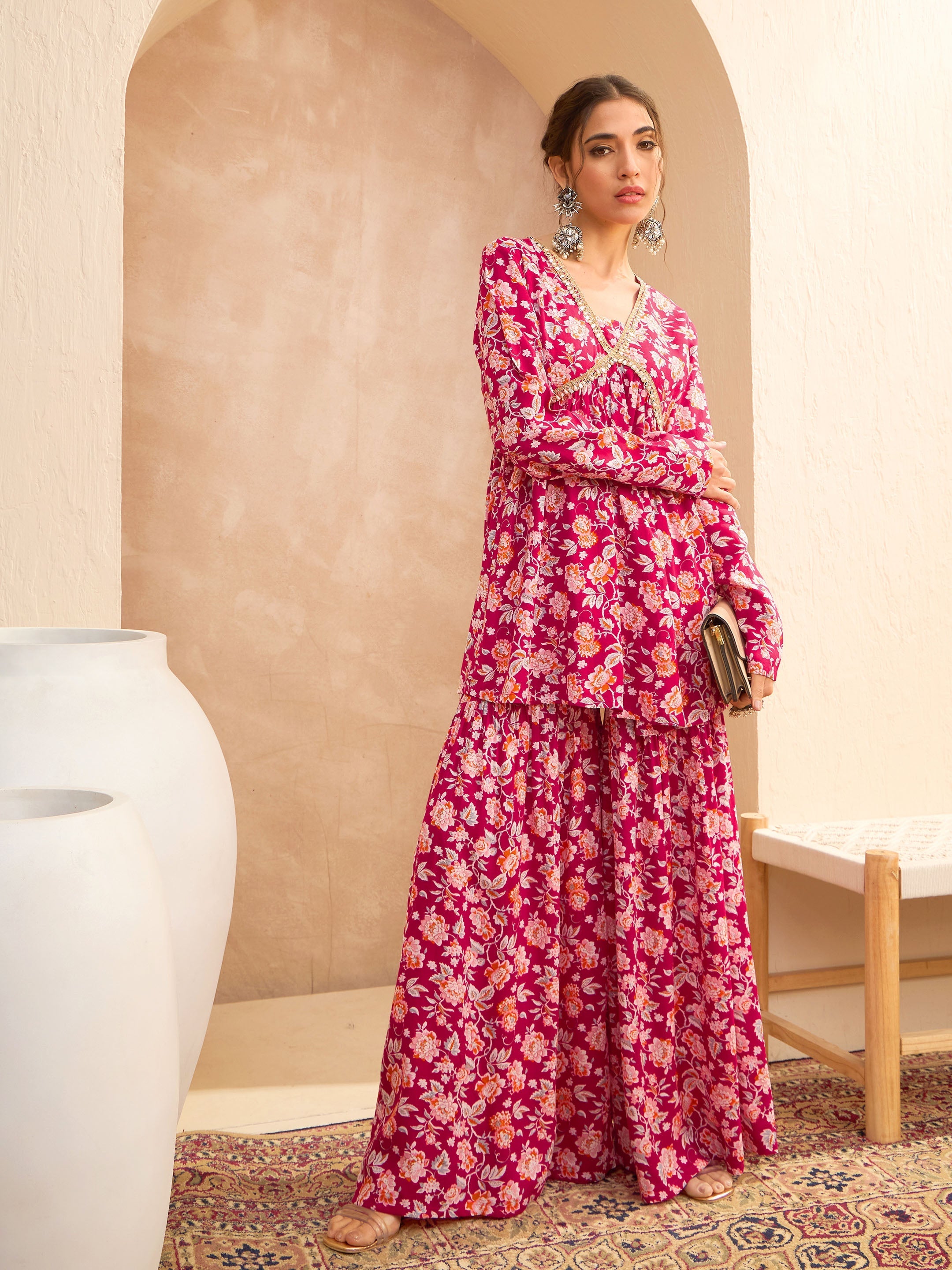 Women Red Floral Cambric Peplum Top With Sharara Pants