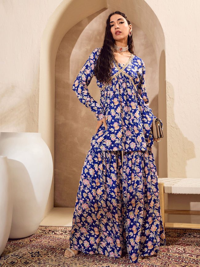Women Blue Floral Cambric Peplum Top With Sharara Pants
