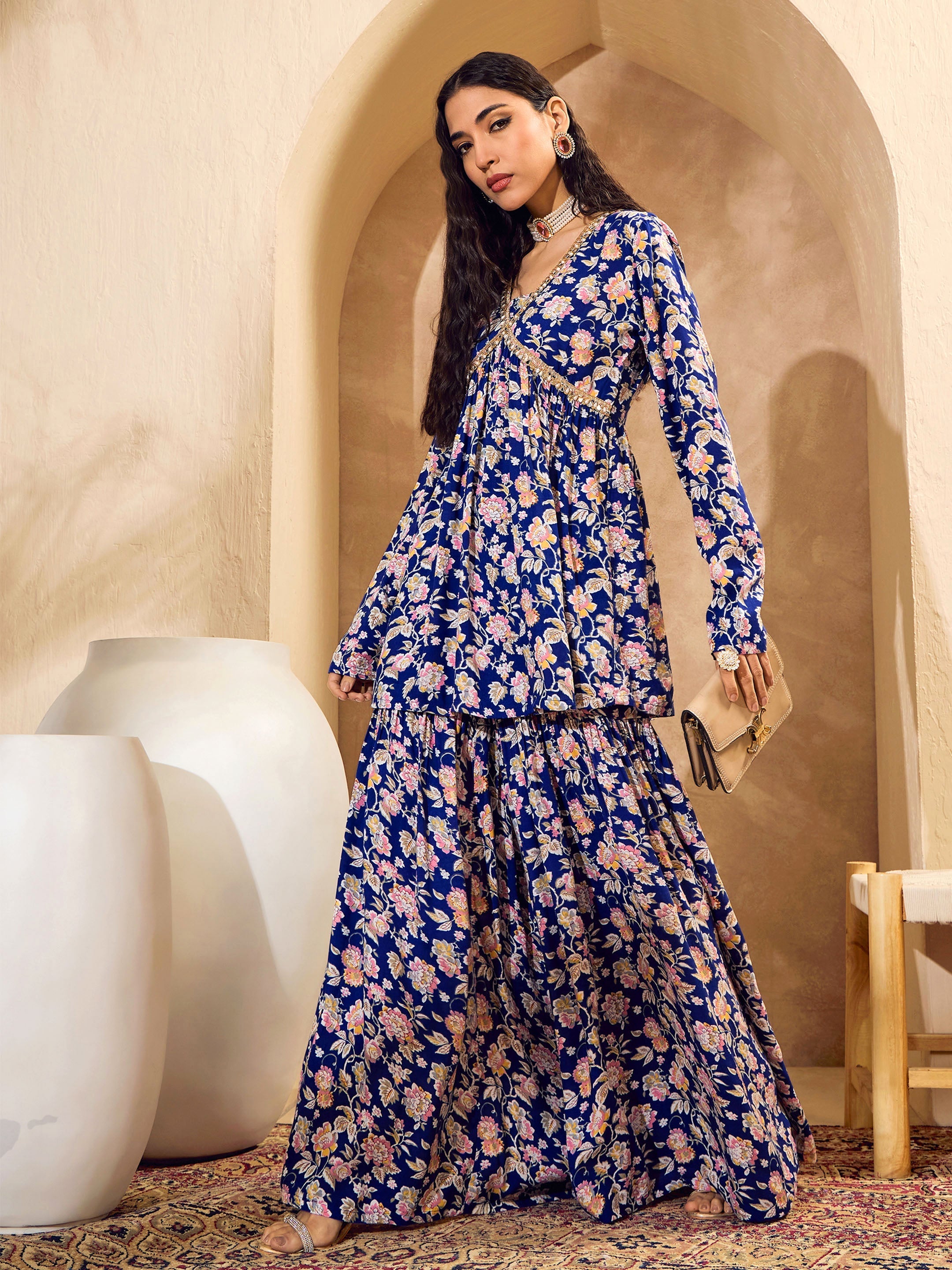 Women Blue Floral Cambric Peplum Top With Sharara Pants
