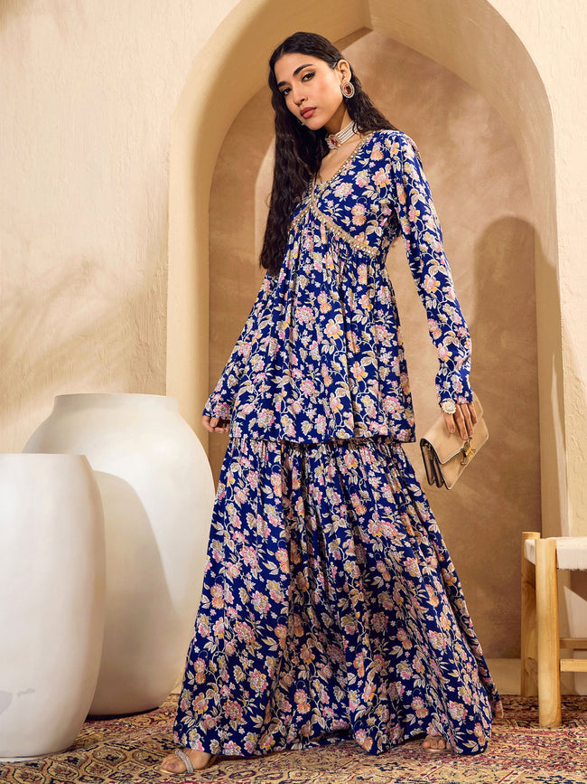 Women Blue Floral Cambric Peplum Top With Sharara Pants