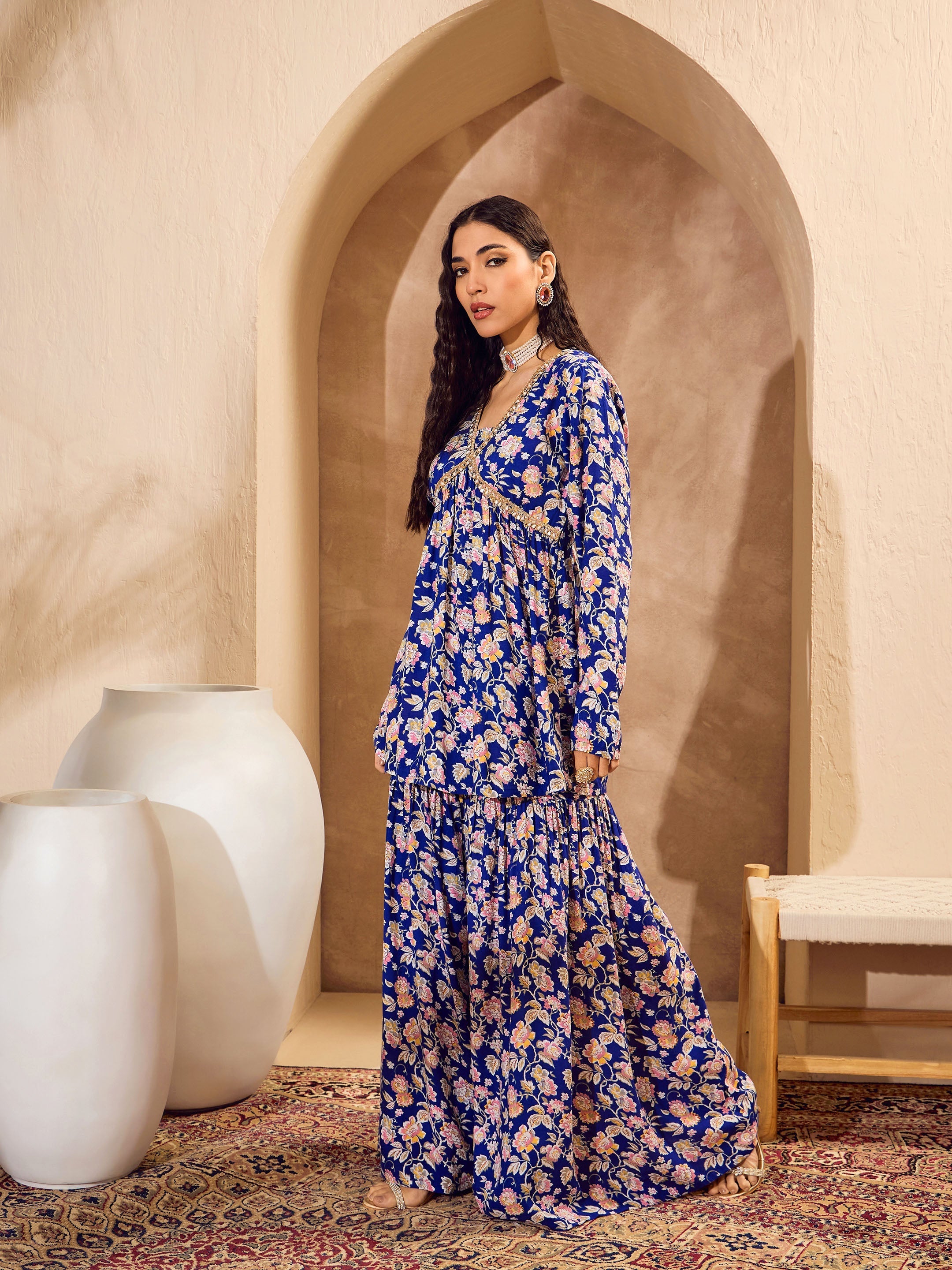 Women Blue Floral Cambric Peplum Top With Sharara Pants