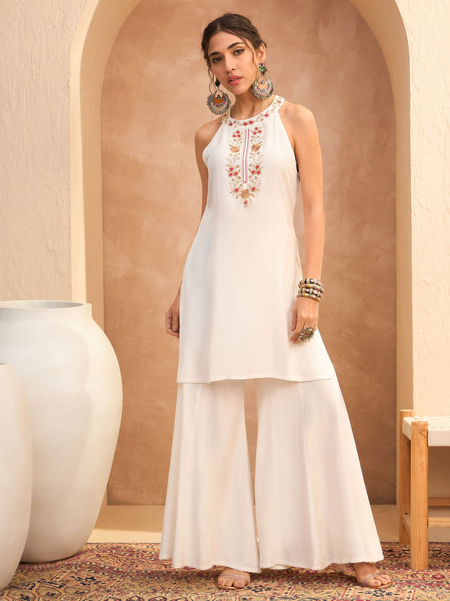 Women White Embroidered Halter Kurta With Palazzo Pants