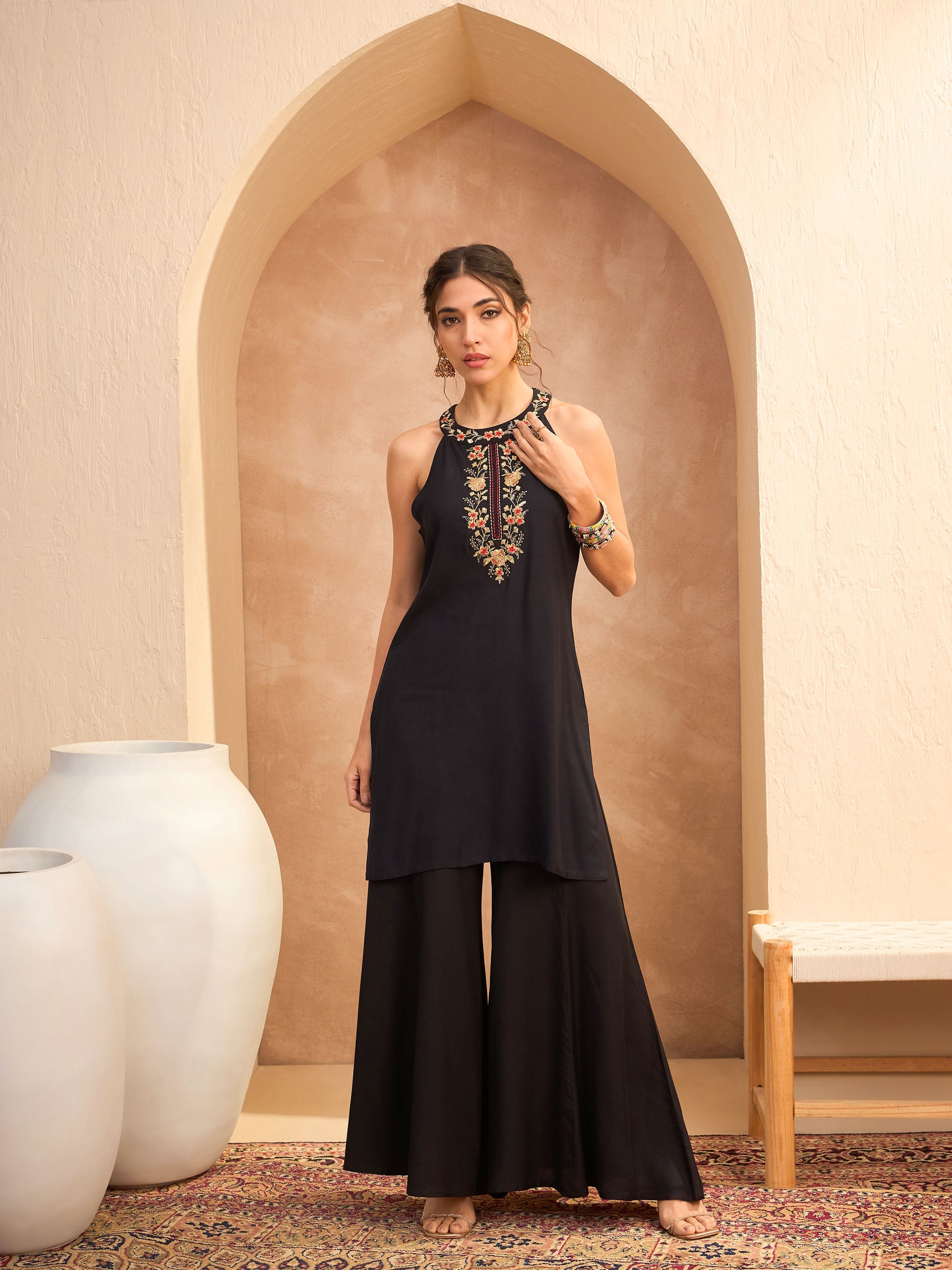 Women Black Embroidered Halter Kurta With Palazzo Pants