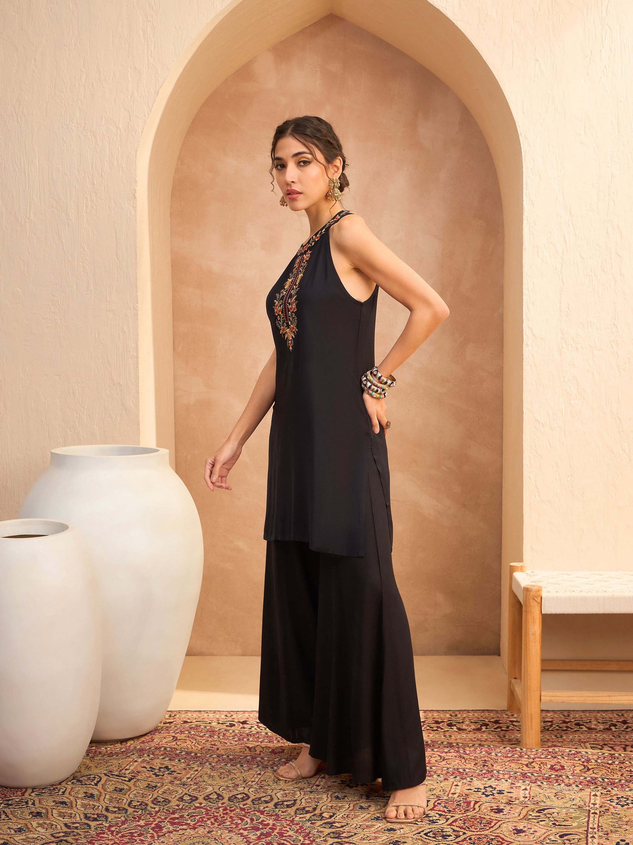 Women Black Embroidered Halter Kurta With Palazzo Pants
