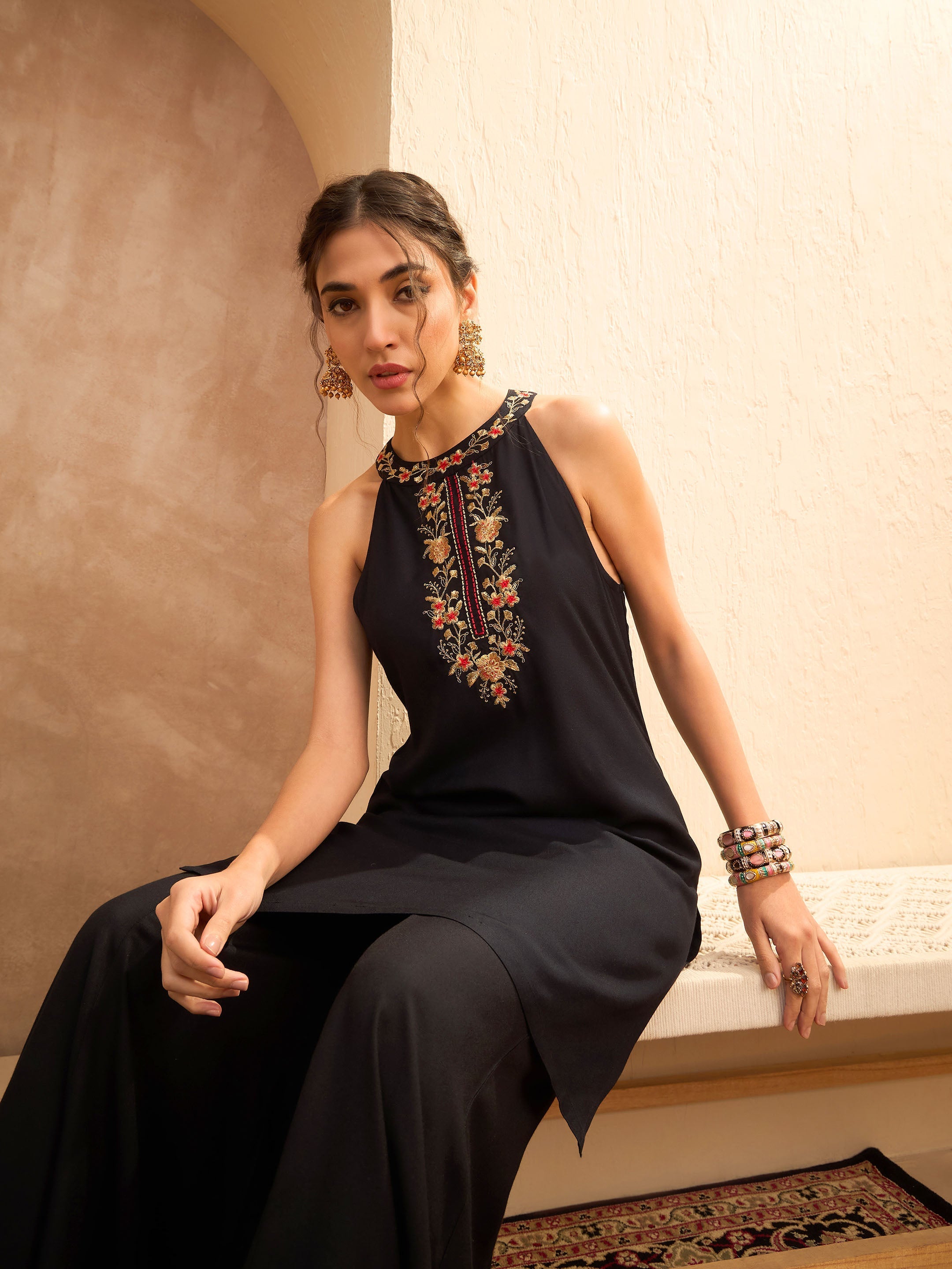 Women Black Embroidered Halter Kurta With Palazzo Pants