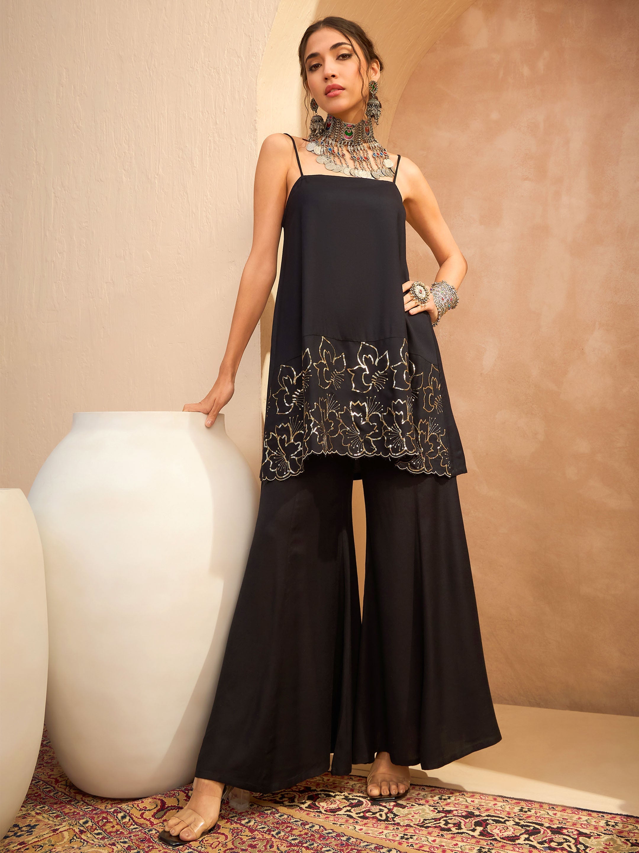Women Black Embroidered Strappy Kurta With Palazzos