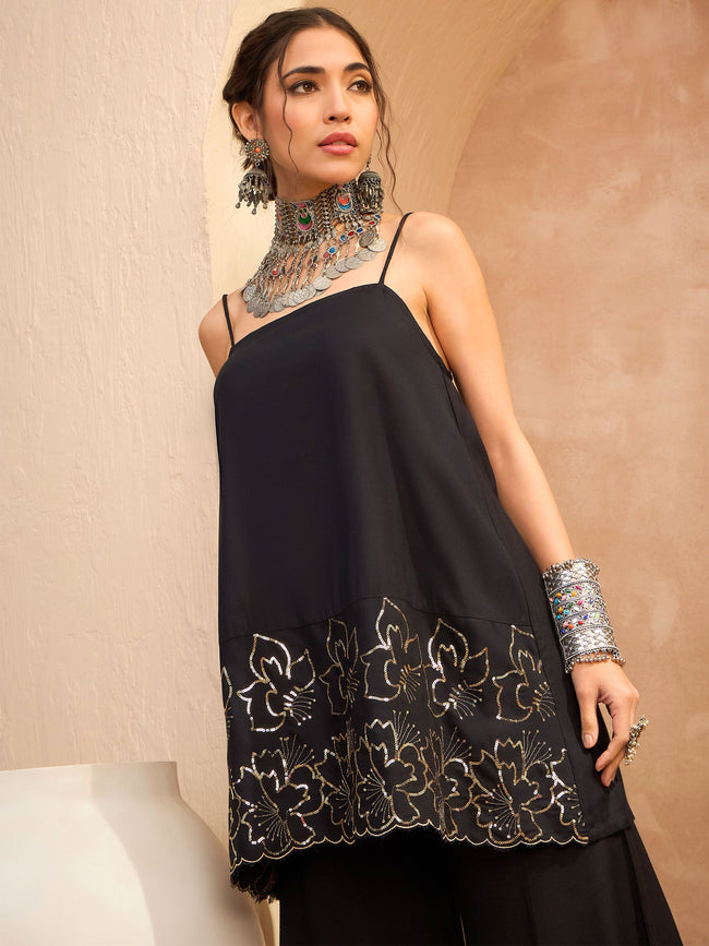 Women Black Embroidered Strappy Kurta With Palazzos