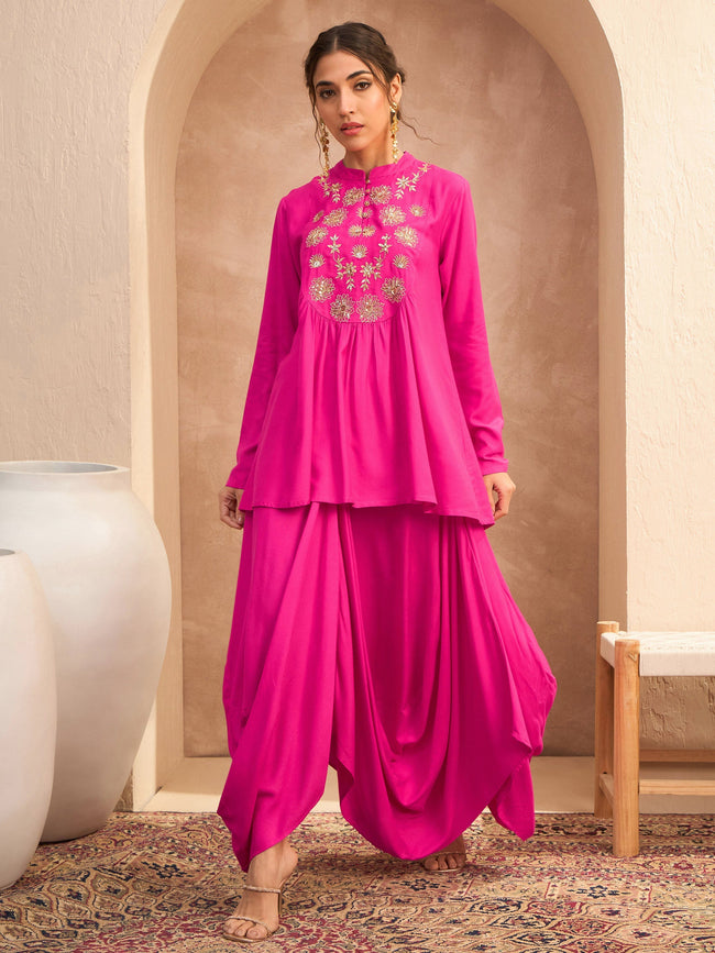 Women Fuchsia Embroidered Peplum Top With Dhoti Skirt