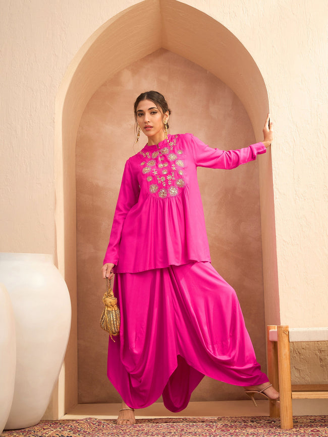 Women Fuchsia Embroidered Peplum Top With Dhoti Skirt