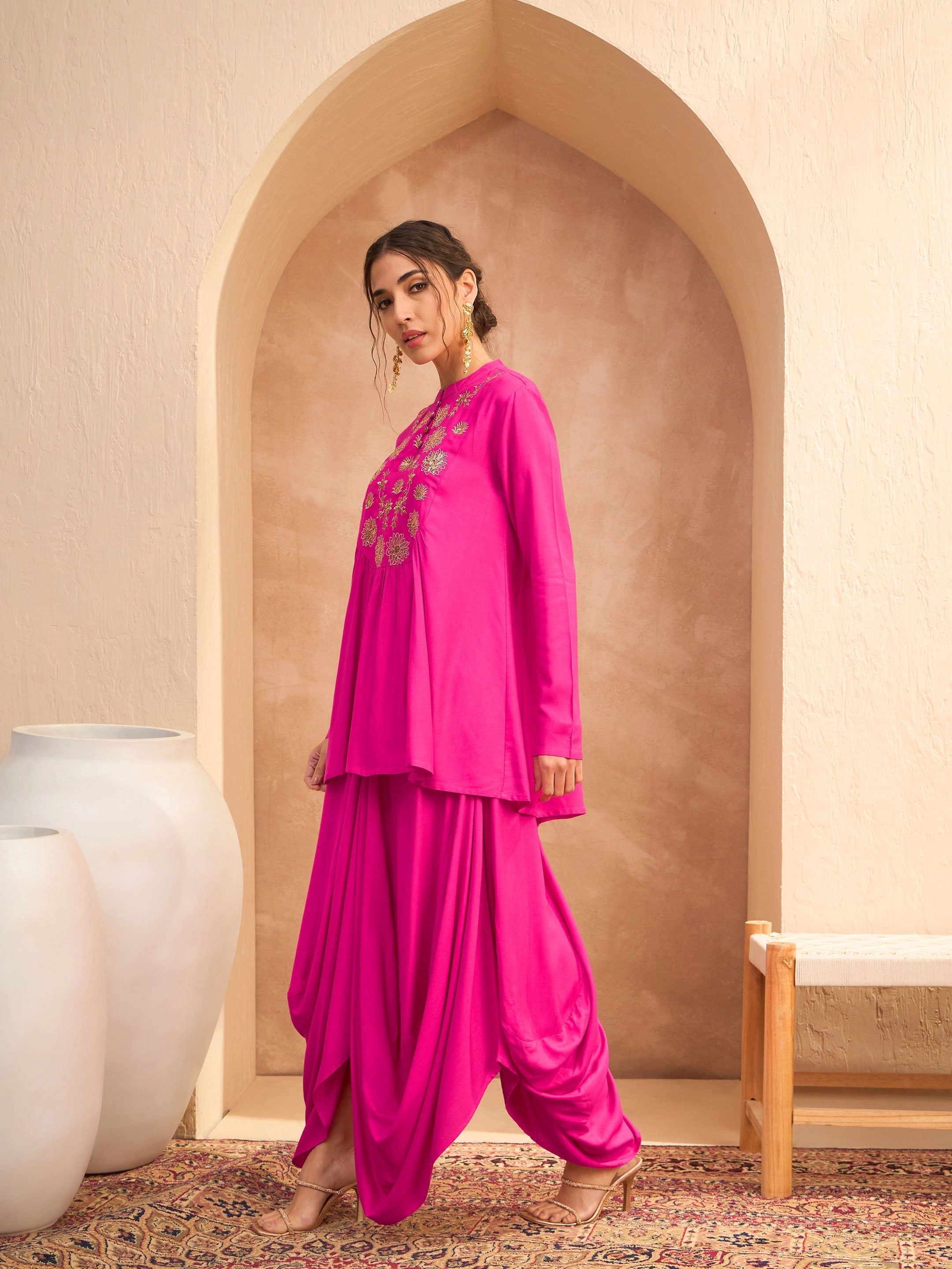 Women Fuchsia Embroidered Peplum Top With Dhoti Skirt