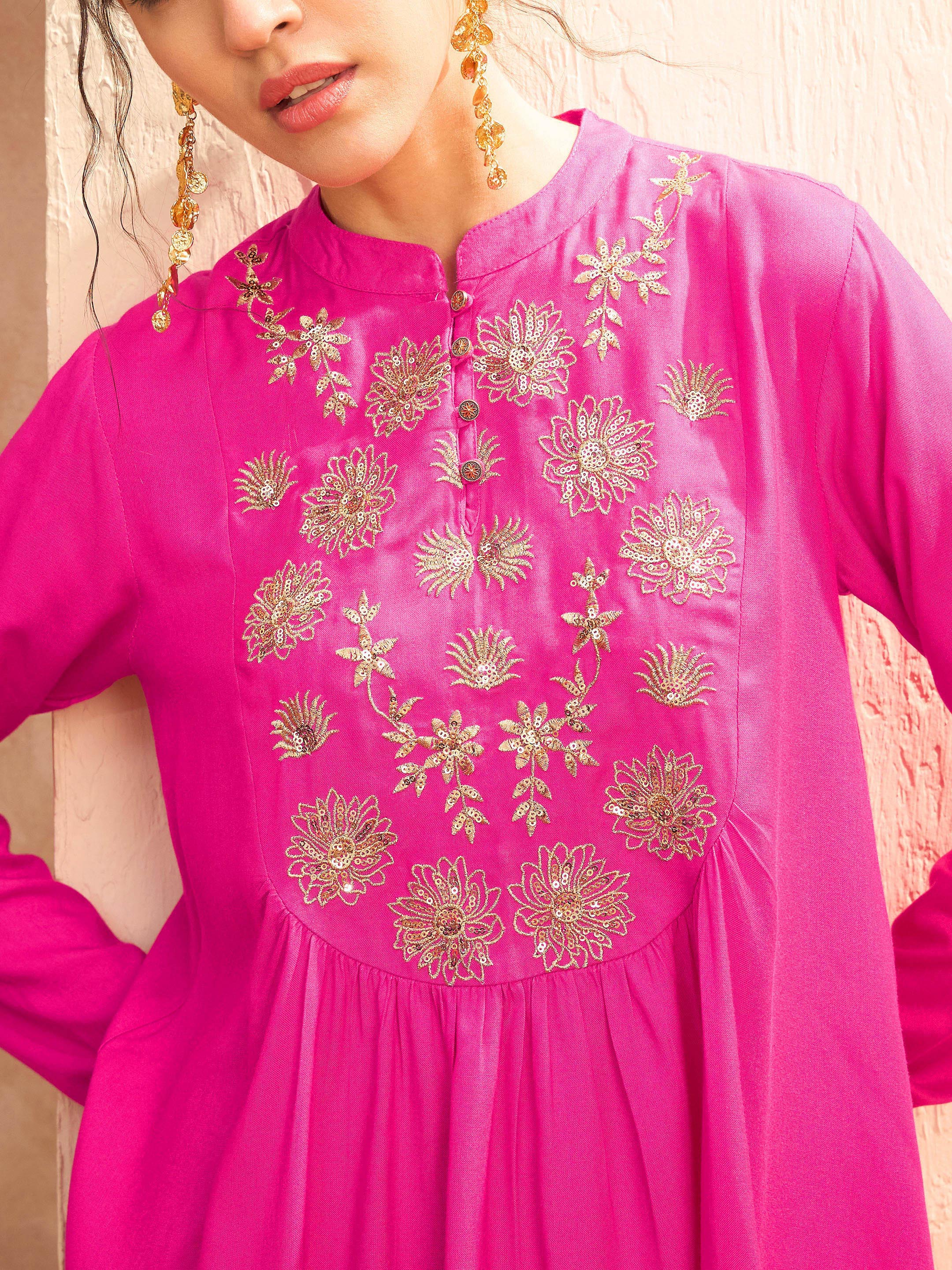 Women Fuchsia Embroidered Peplum Top With Dhoti Skirt