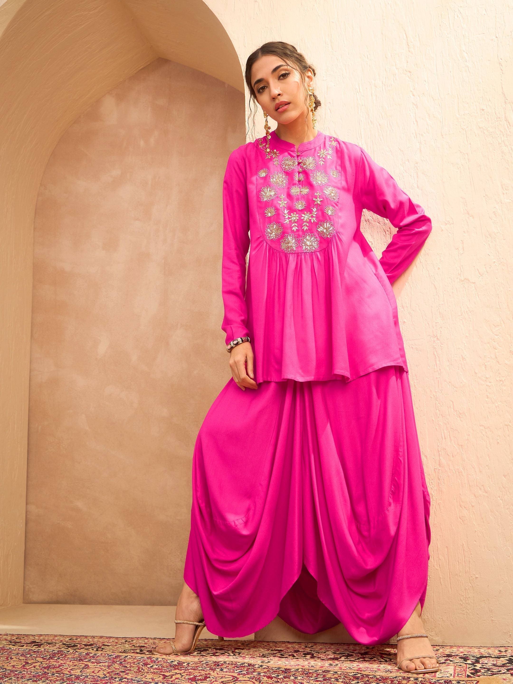 Women Fuchsia Embroidered Peplum Top With Dhoti Skirt