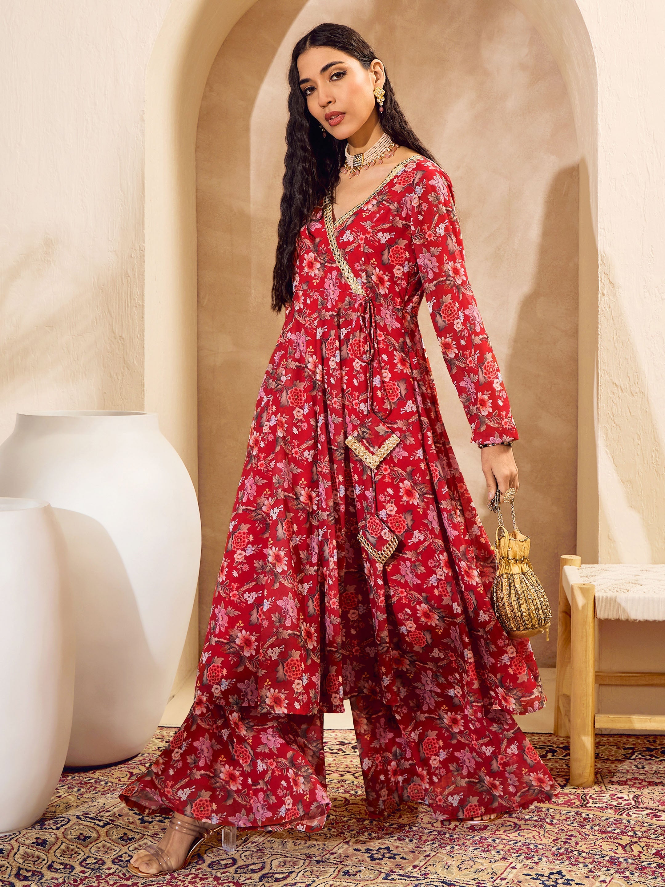 Women Red Floral Wrap Anarkali Kurta With Palazzos
